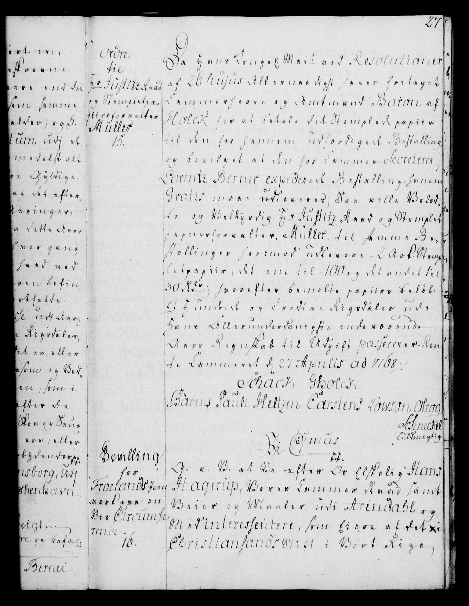 Rentekammeret, Kammerkanselliet, RA/EA-3111/G/Gg/Gga/L0008: Norsk ekspedisjonsprotokoll med register (merket RK 53.8), 1768-1771, p. 27