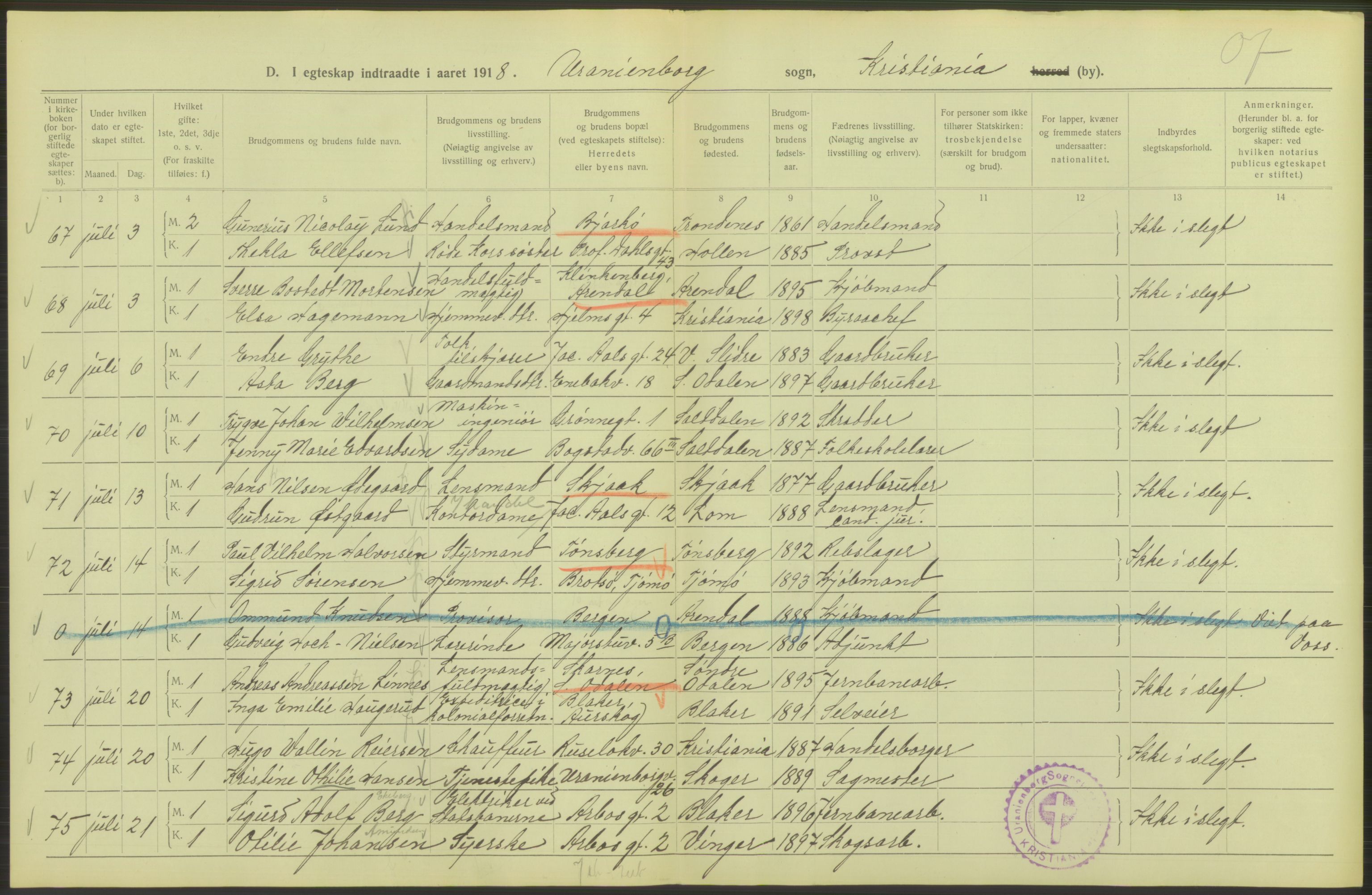 Statistisk sentralbyrå, Sosiodemografiske emner, Befolkning, AV/RA-S-2228/D/Df/Dfb/Dfbh/L0009: Kristiania: Gifte, 1918, p. 19