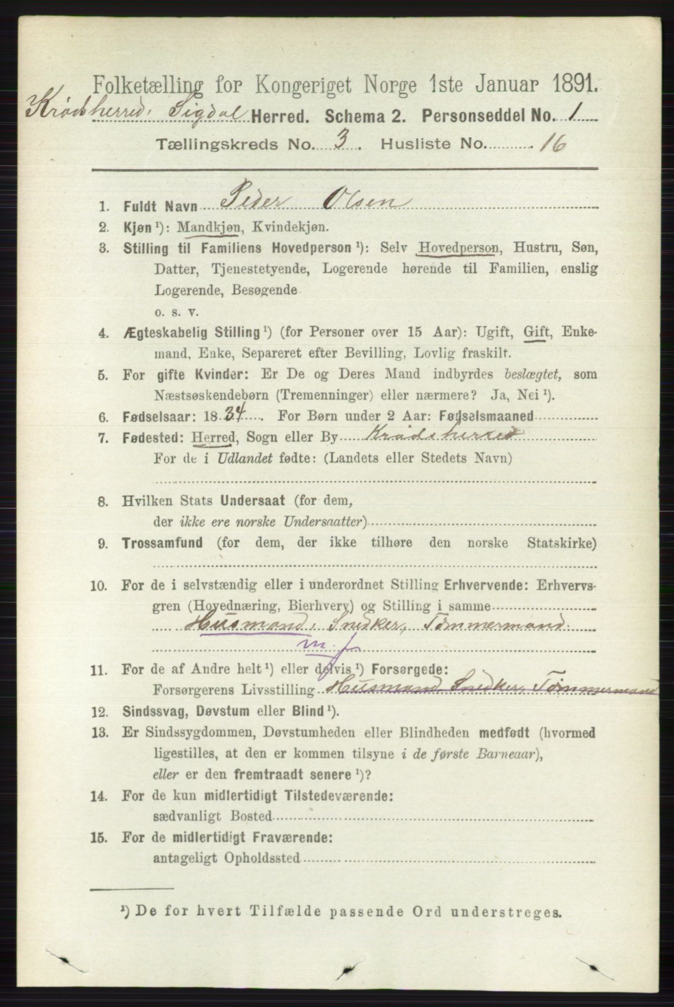 RA, 1891 census for 0621 Sigdal, 1891, p. 5681