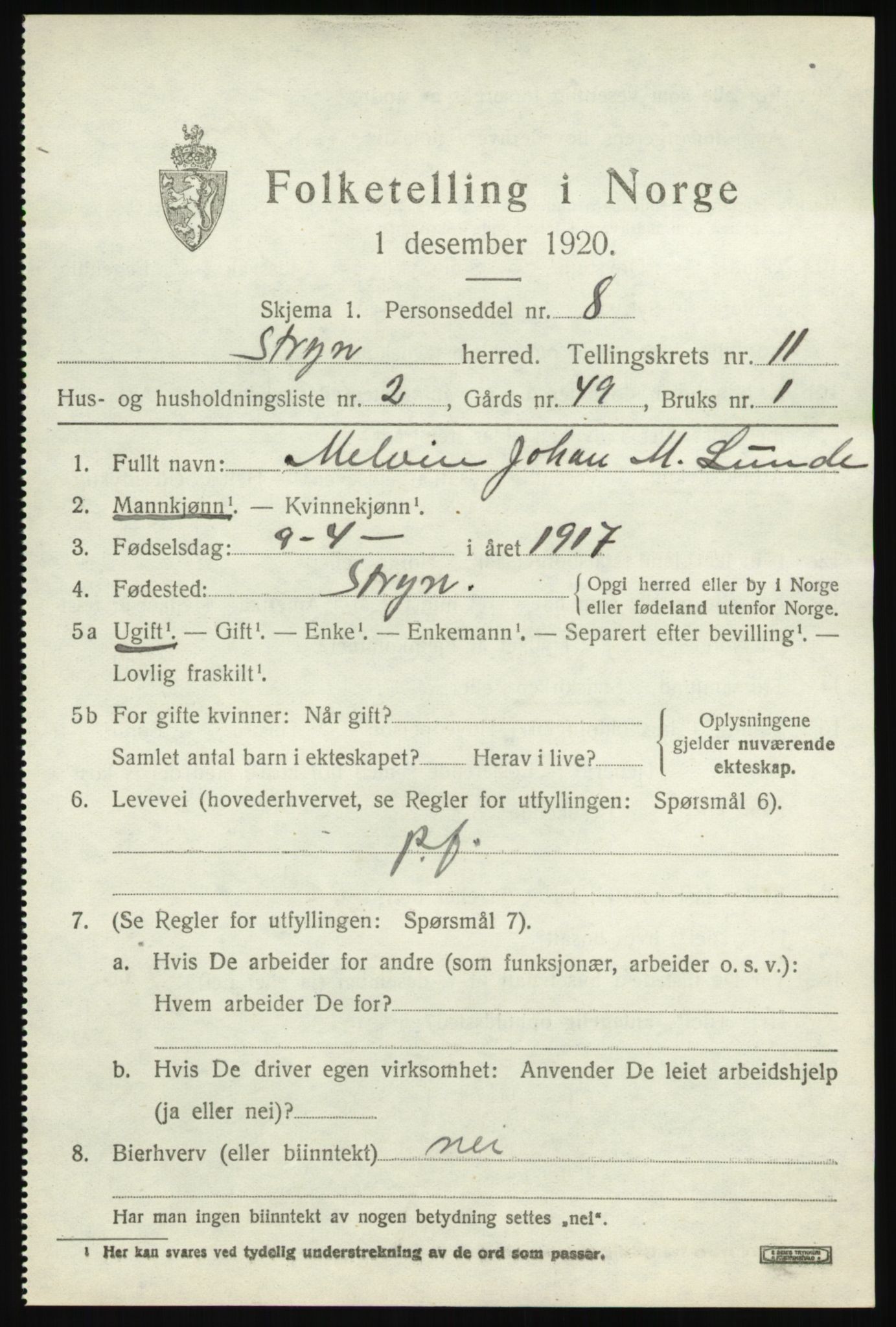 SAB, 1920 census for Stryn, 1920, p. 5222