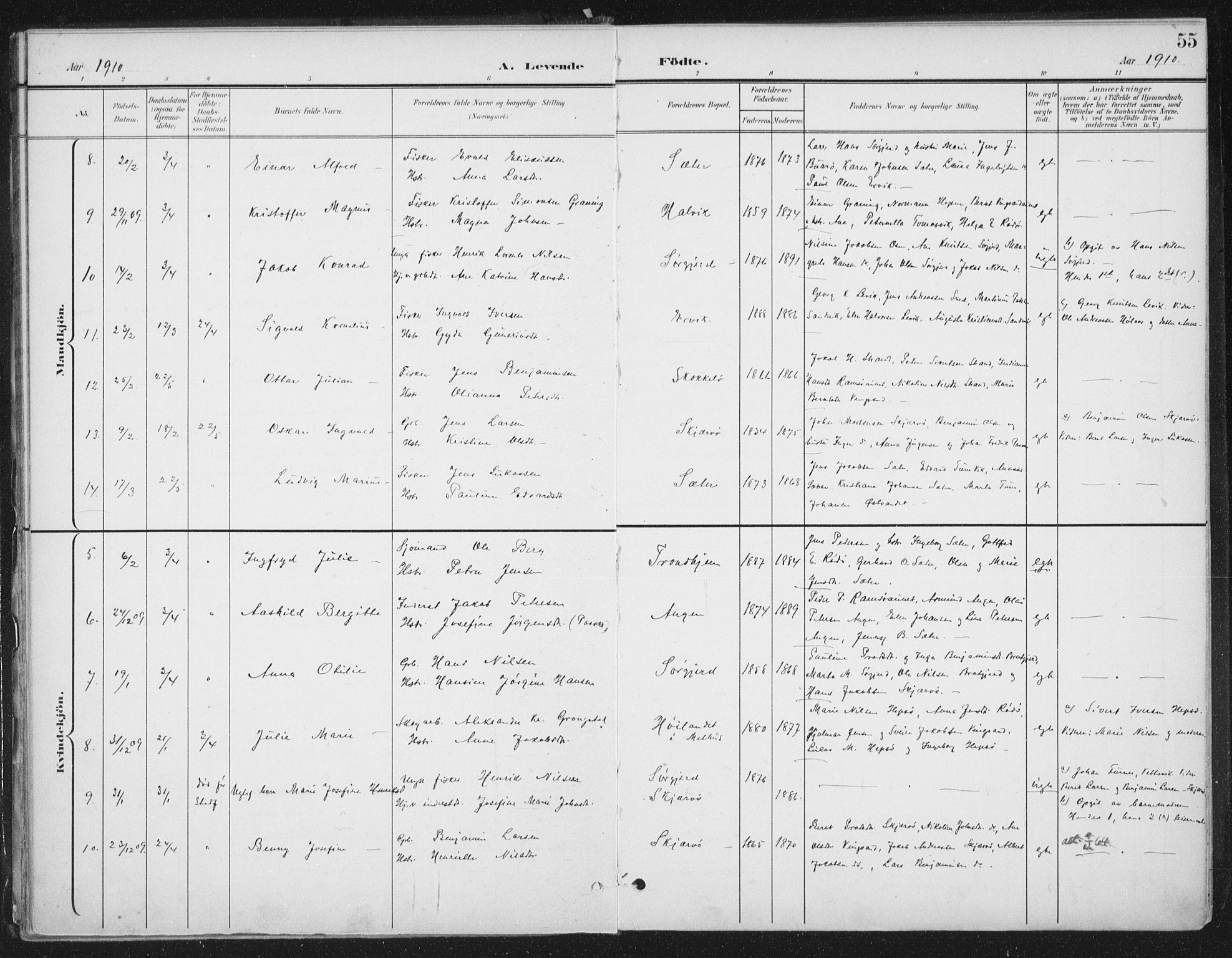 Ministerialprotokoller, klokkerbøker og fødselsregistre - Sør-Trøndelag, SAT/A-1456/658/L0723: Parish register (official) no. 658A02, 1897-1912, p. 55