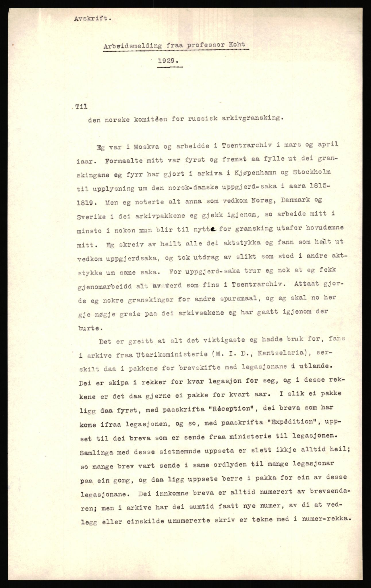 Den norske historiske forenings komite for arkivgranskning i Russland, AV/RA-PA-0409/F/L0001/0005: -- / Arbeidsmelding fra professor Halvdan Koht, 1929, p. 2