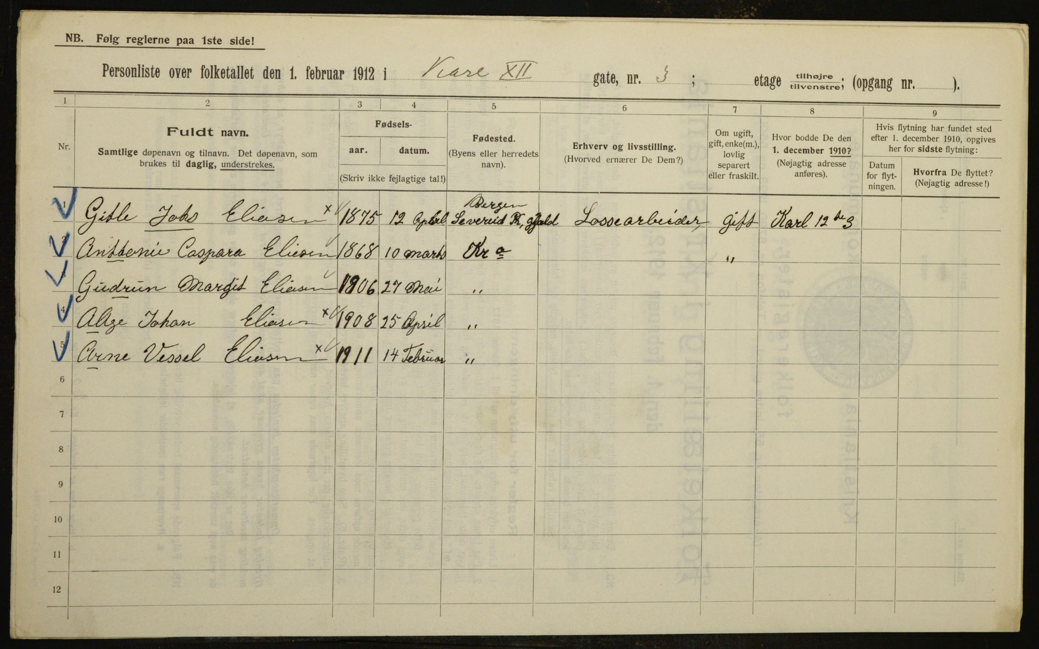 OBA, Municipal Census 1912 for Kristiania, 1912, p. 48585