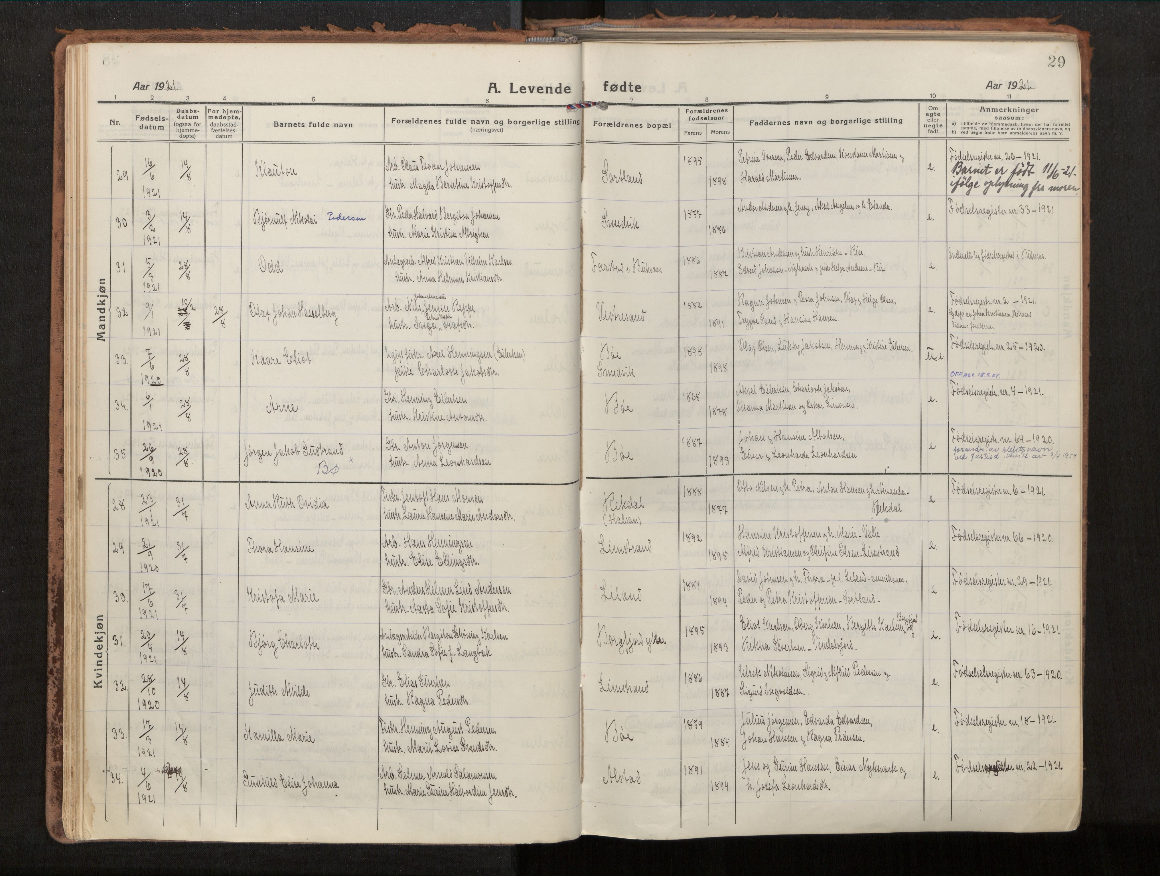 Ministerialprotokoller, klokkerbøker og fødselsregistre - Nordland, AV/SAT-A-1459/880/L1136: Parish register (official) no. 880A10, 1919-1927, p. 29