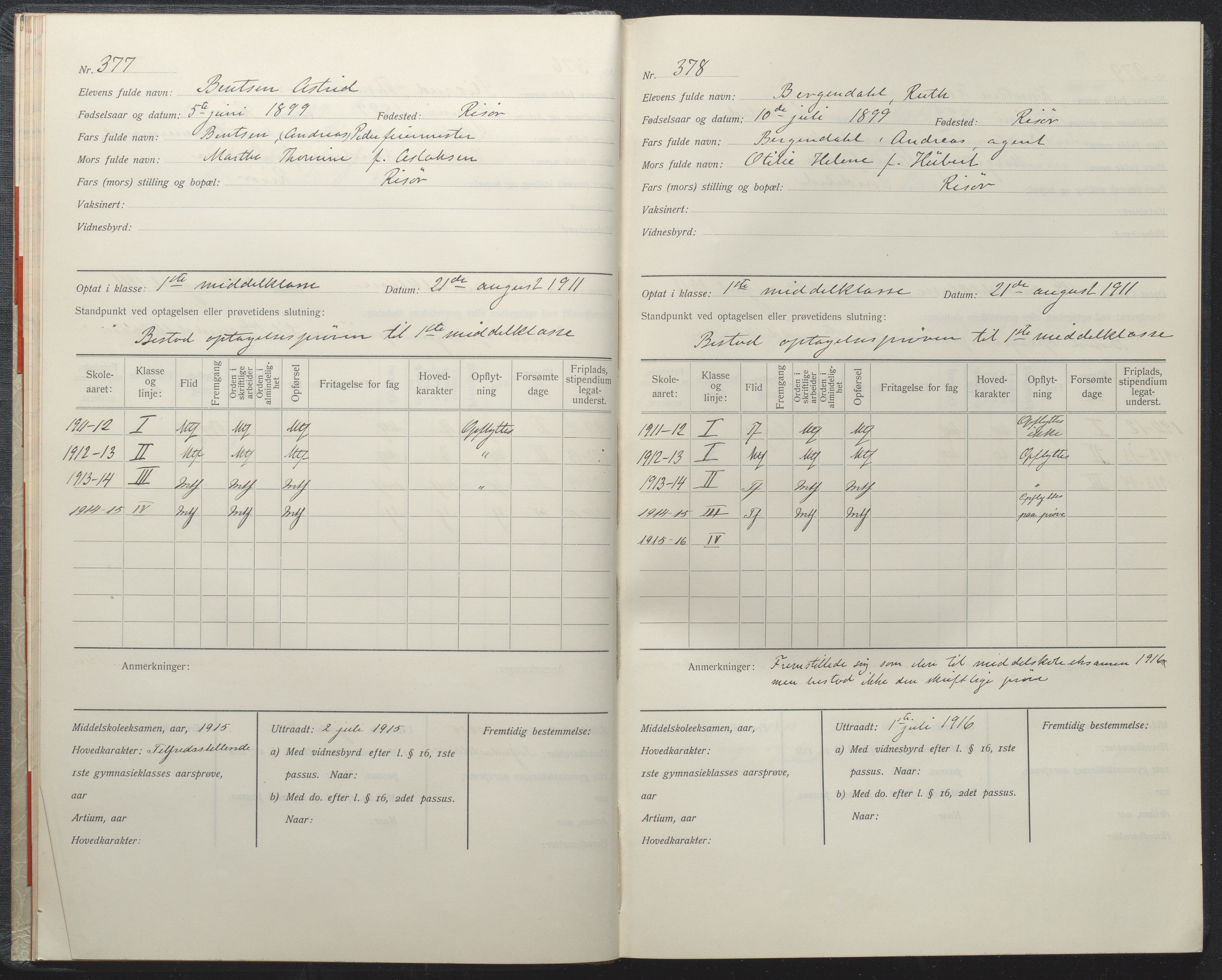 Risør kommune, AAKS/KA0901-PK/1/05/05i/L0002: Manntallsprotokoll, 1911-1925, p. 377-378