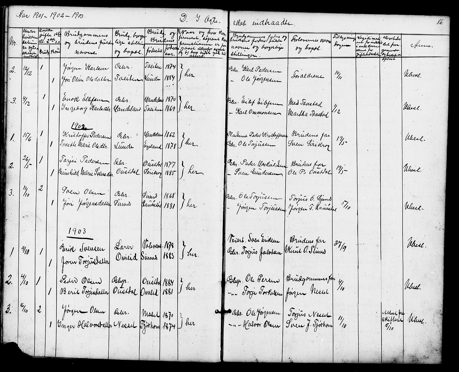 Sirdal sokneprestkontor, AV/SAK-1111-0036/F/Fb/Fba/L0001: Parish register (copy) no. B 1, 1872-1905, p. 86