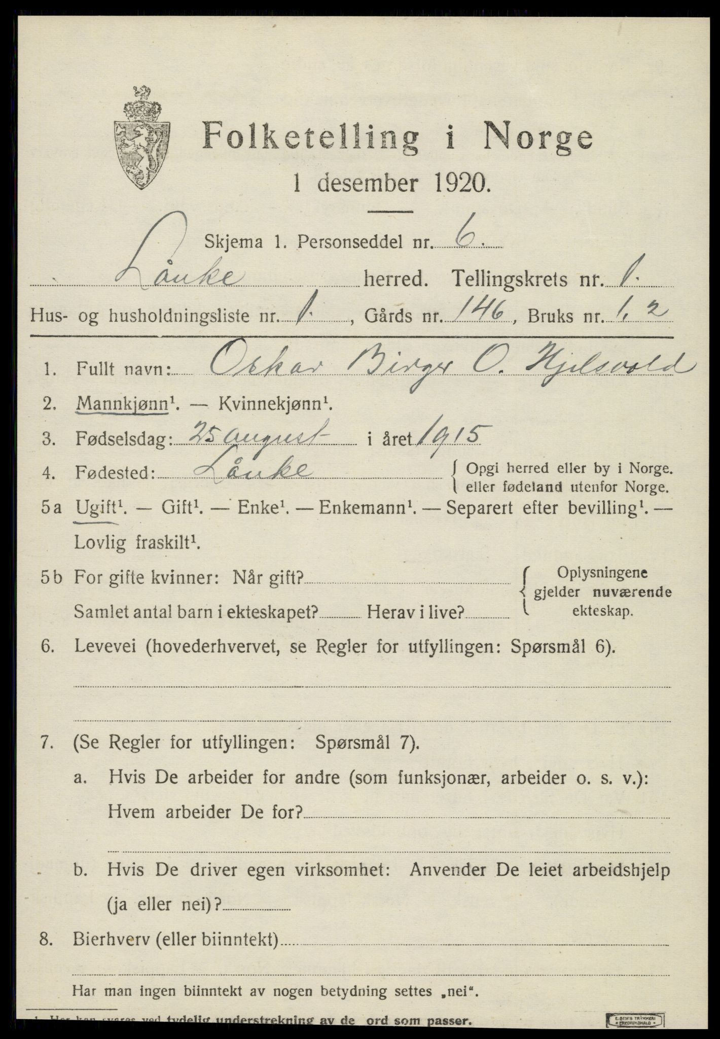 SAT, 1920 census for Lånke, 1920, p. 568