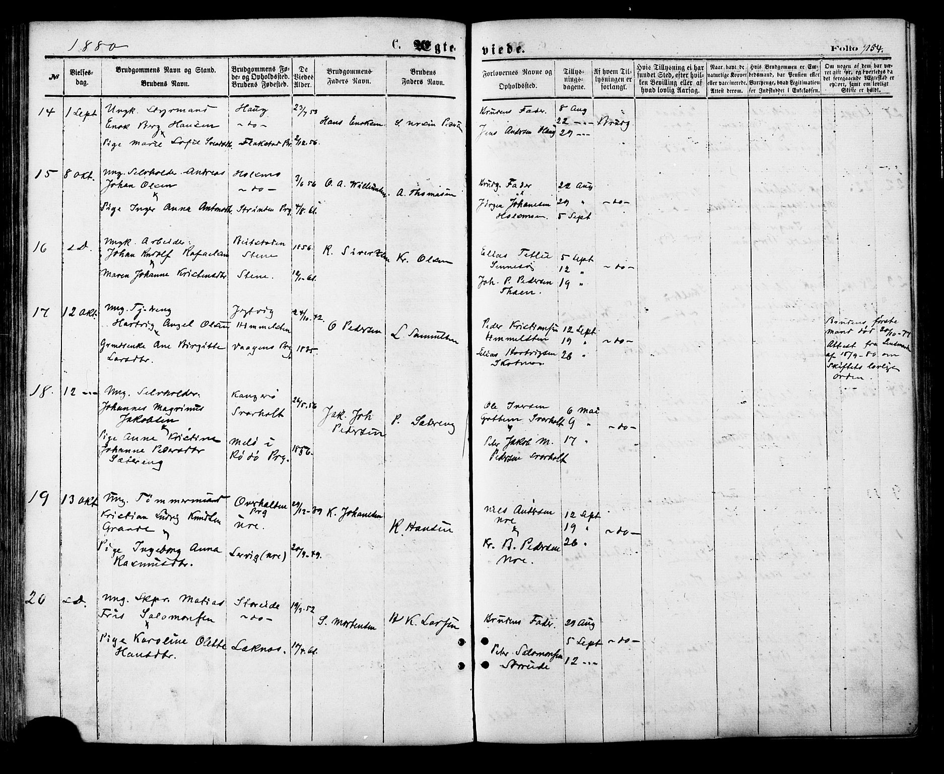 Ministerialprotokoller, klokkerbøker og fødselsregistre - Nordland, AV/SAT-A-1459/881/L1166: Parish register (copy) no. 881C03, 1876-1885, p. 154