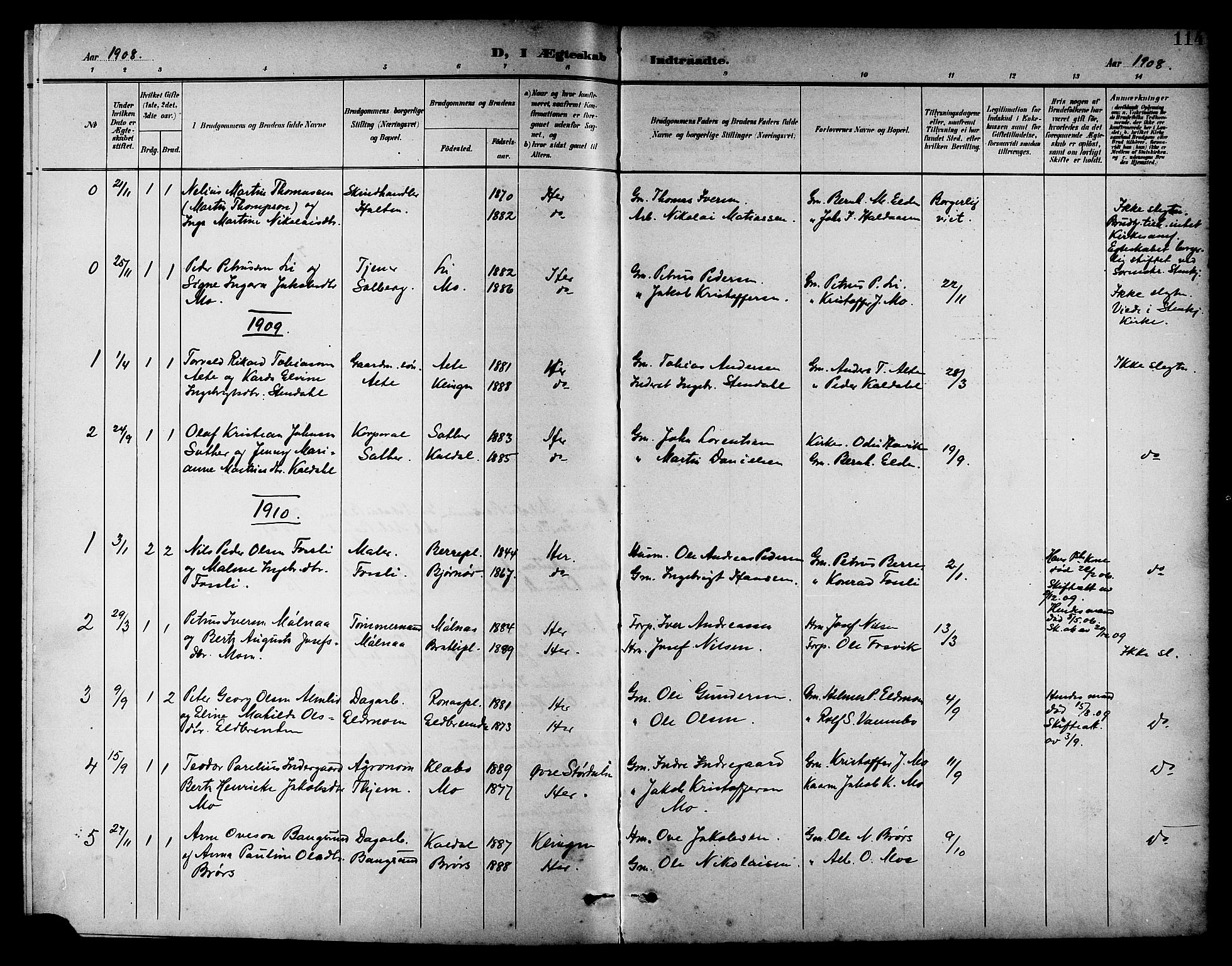 Ministerialprotokoller, klokkerbøker og fødselsregistre - Nord-Trøndelag, SAT/A-1458/742/L0412: Parish register (copy) no. 742C03, 1898-1910, p. 114