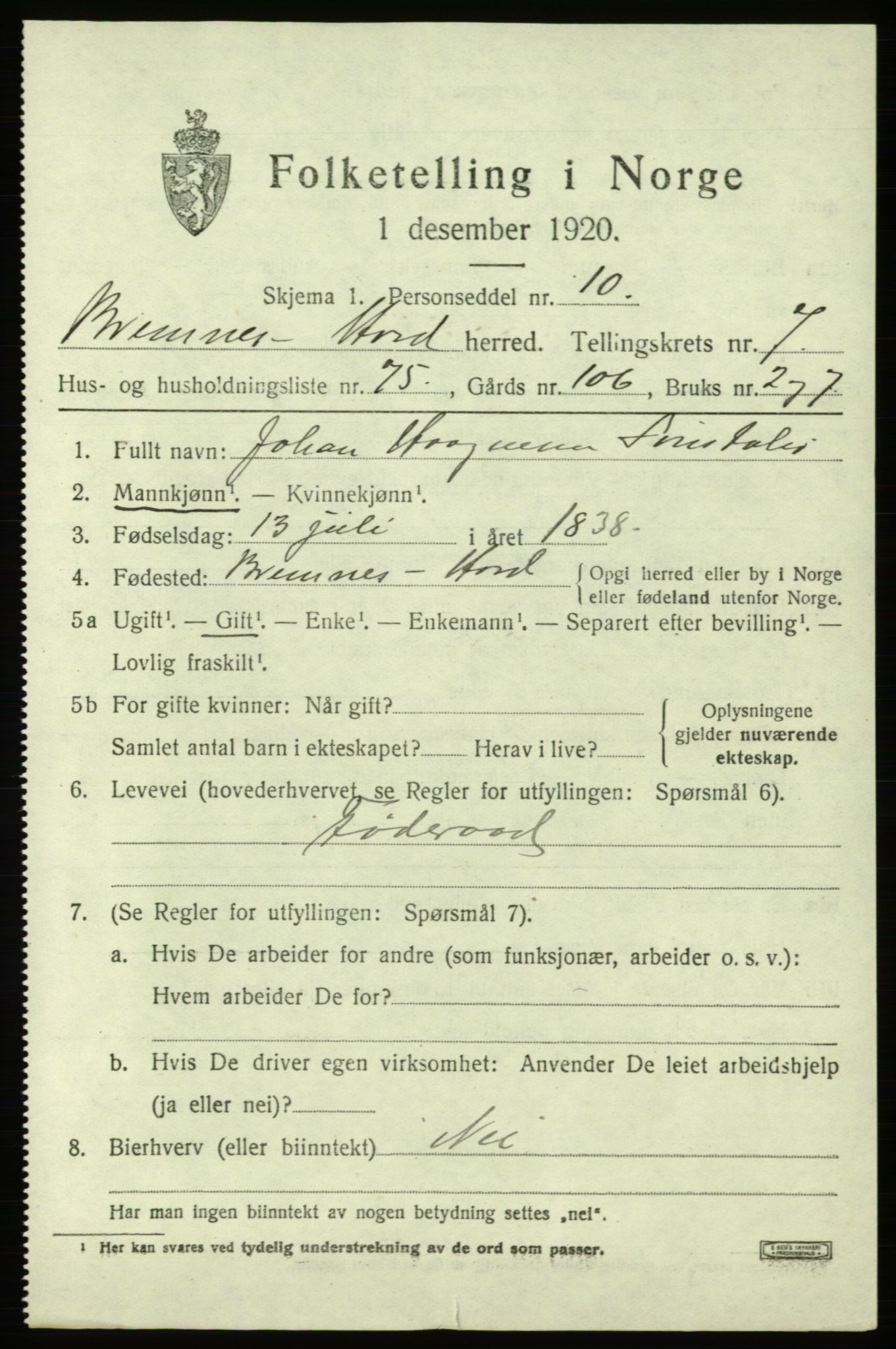 SAB, 1920 census for Bremnes, 1920, p. 5060