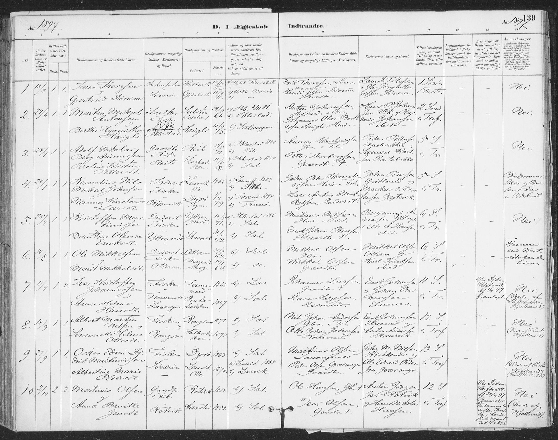 Ibestad sokneprestembete, SATØ/S-0077/H/Ha/Haa/L0015kirke: Parish register (official) no. 15, 1888-1899, p. 139