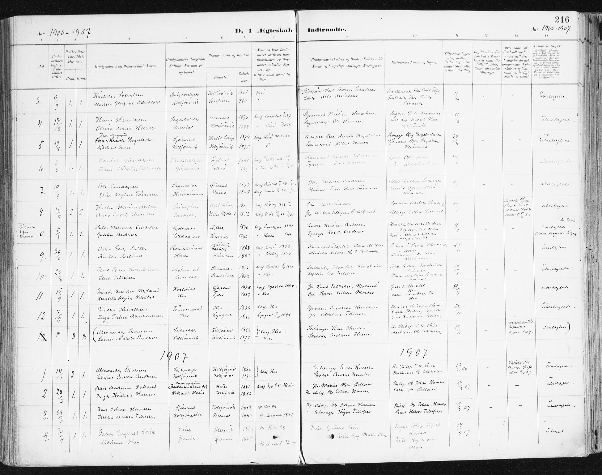 Hisøy sokneprestkontor, SAK/1111-0020/F/Fa/L0004: Parish register (official) no. A 4, 1895-1917, p. 216