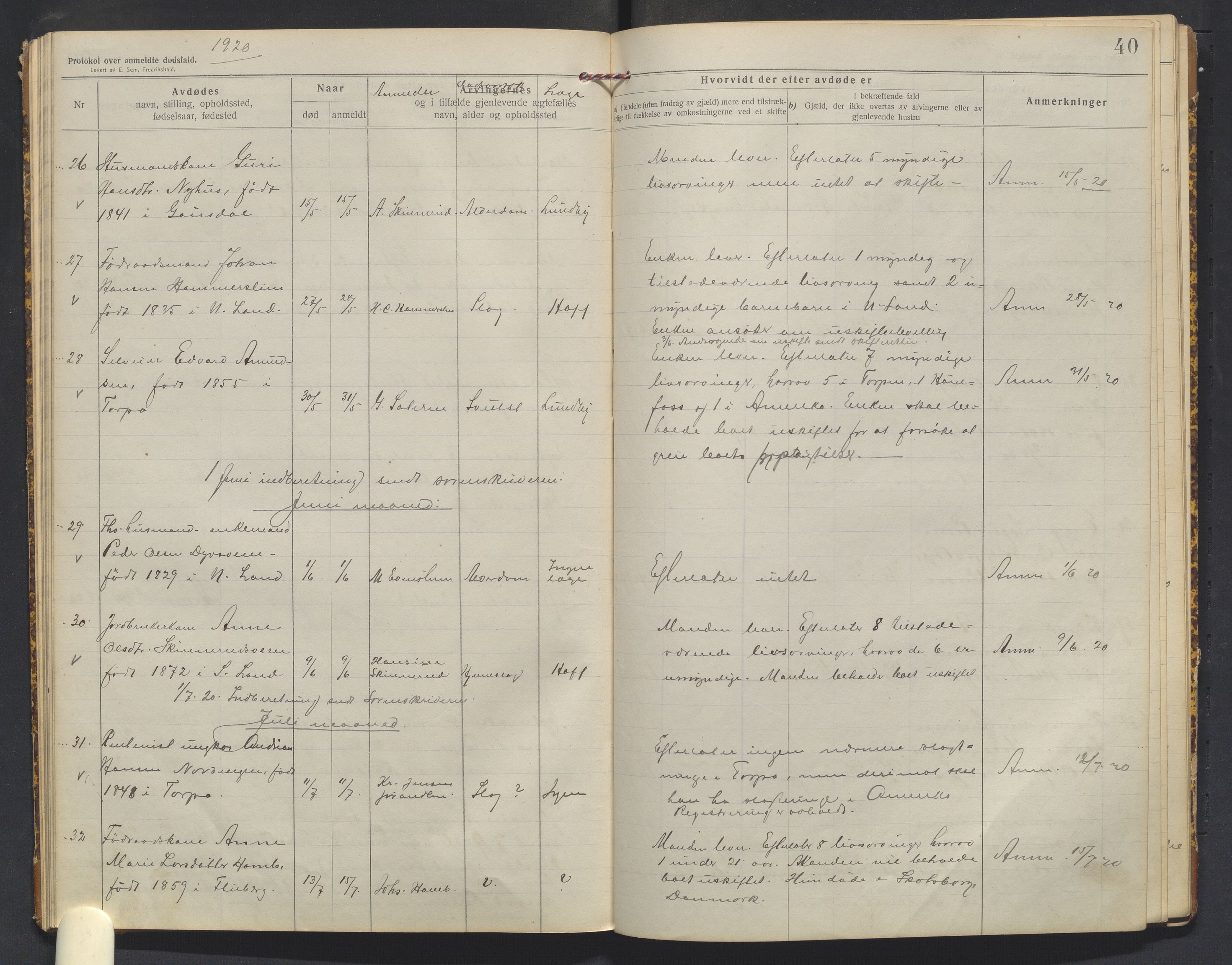 Nordre Land lensmannskontor, AV/SAH-LON-013/H/Ha/Haa/L0001/0003: Dødsfallsprotokoller / Dødsfallsprotokoll, 1916-1921, p. 40