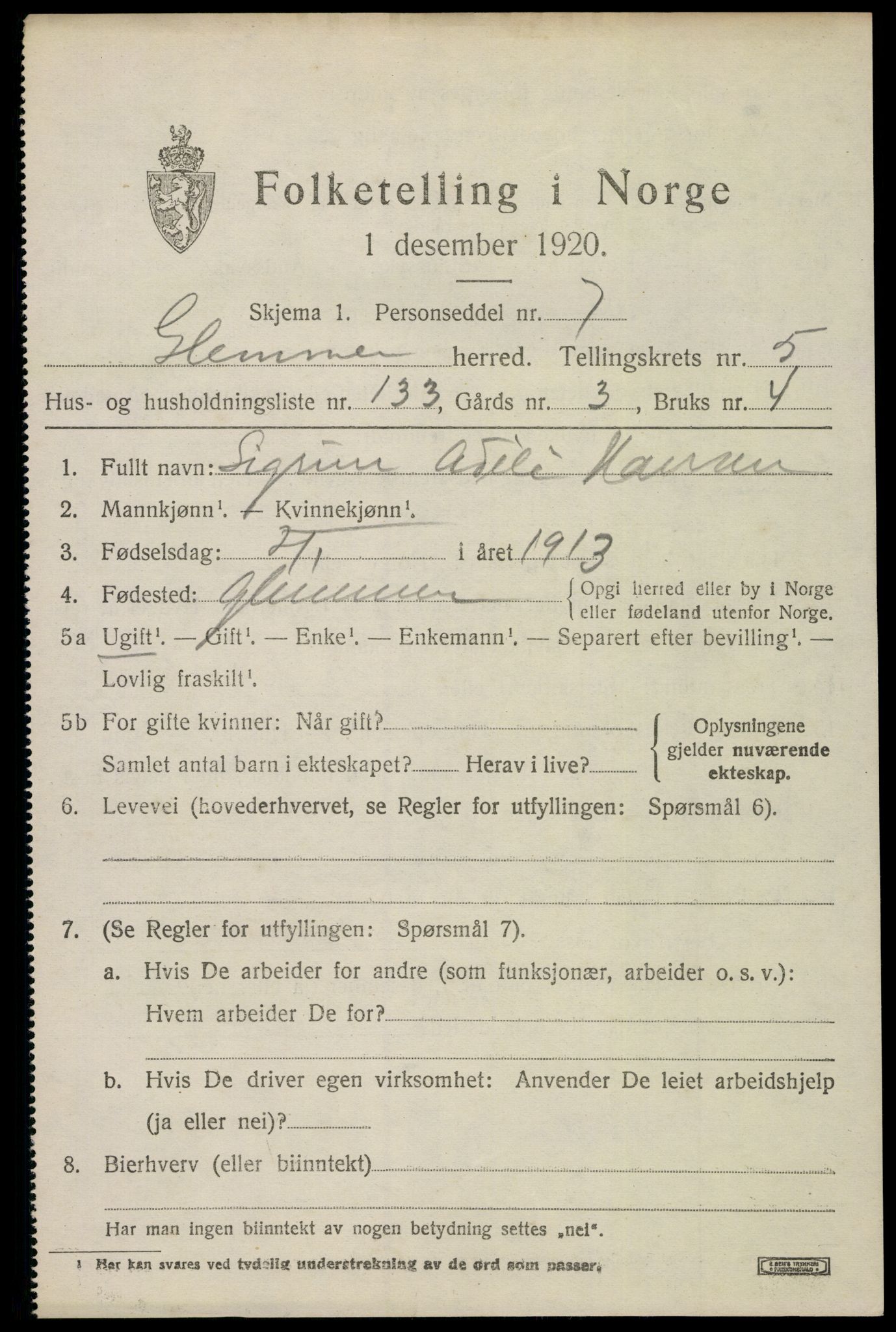 SAO, 1920 census for Glemmen, 1920, p. 18545