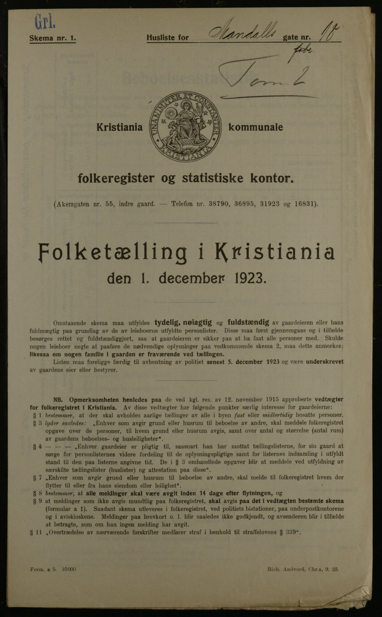 OBA, Municipal Census 1923 for Kristiania, 1923, p. 67121