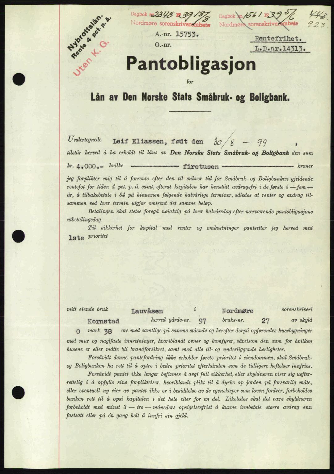 Nordmøre sorenskriveri, AV/SAT-A-4132/1/2/2Ca: Mortgage book no. B85, 1939-1939, Diary no: : 2348/1939