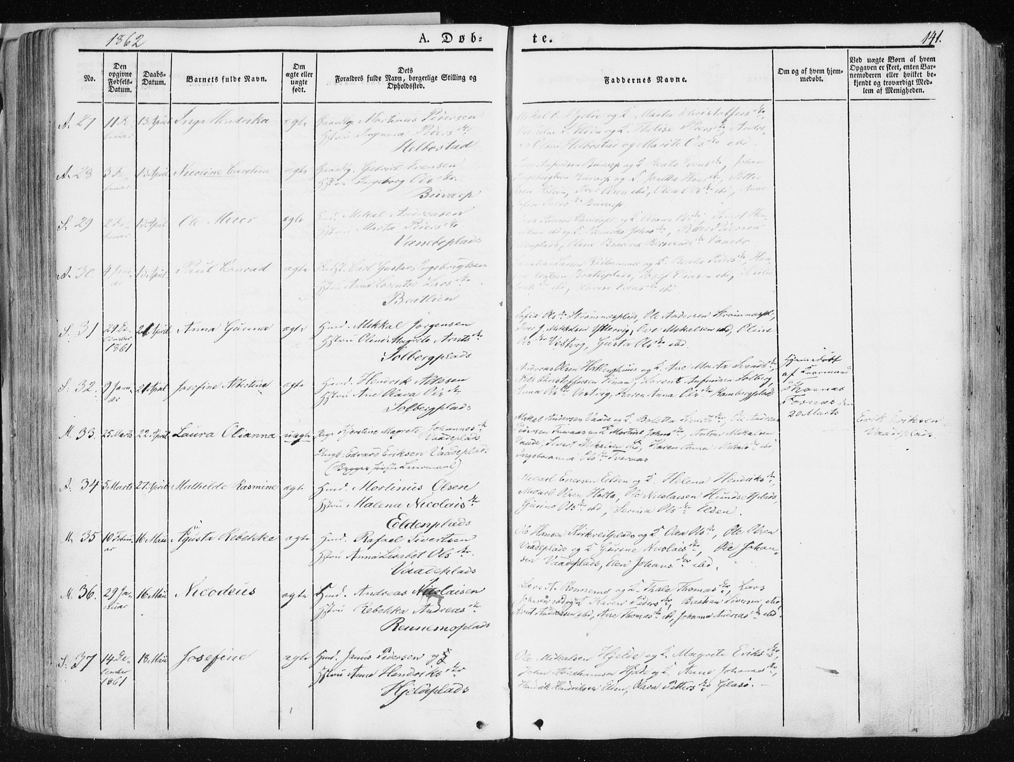 Ministerialprotokoller, klokkerbøker og fødselsregistre - Nord-Trøndelag, AV/SAT-A-1458/741/L0393: Parish register (official) no. 741A07, 1849-1863, p. 141