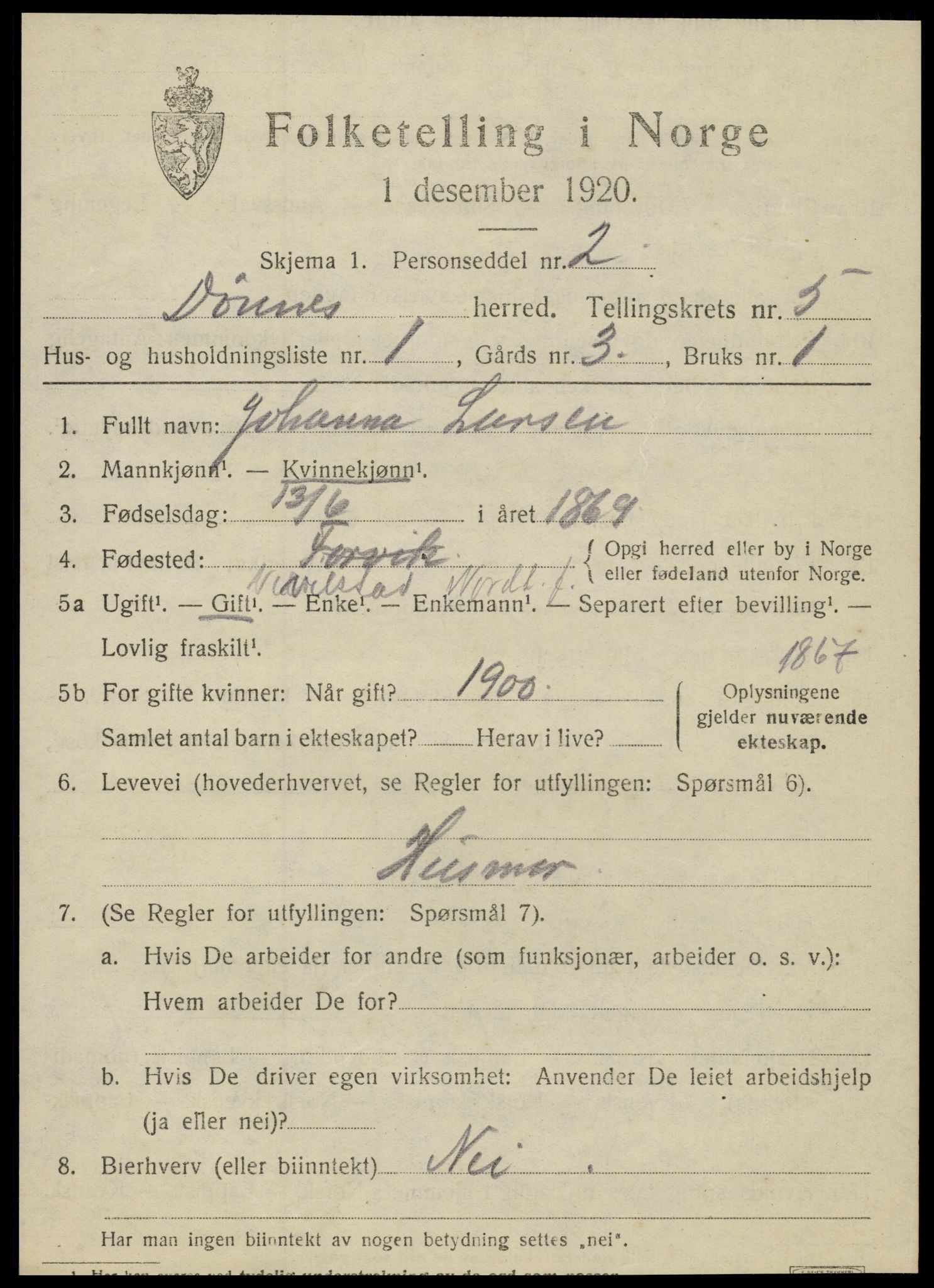 SAT, 1920 census for Dønnes, 1920, p. 2876