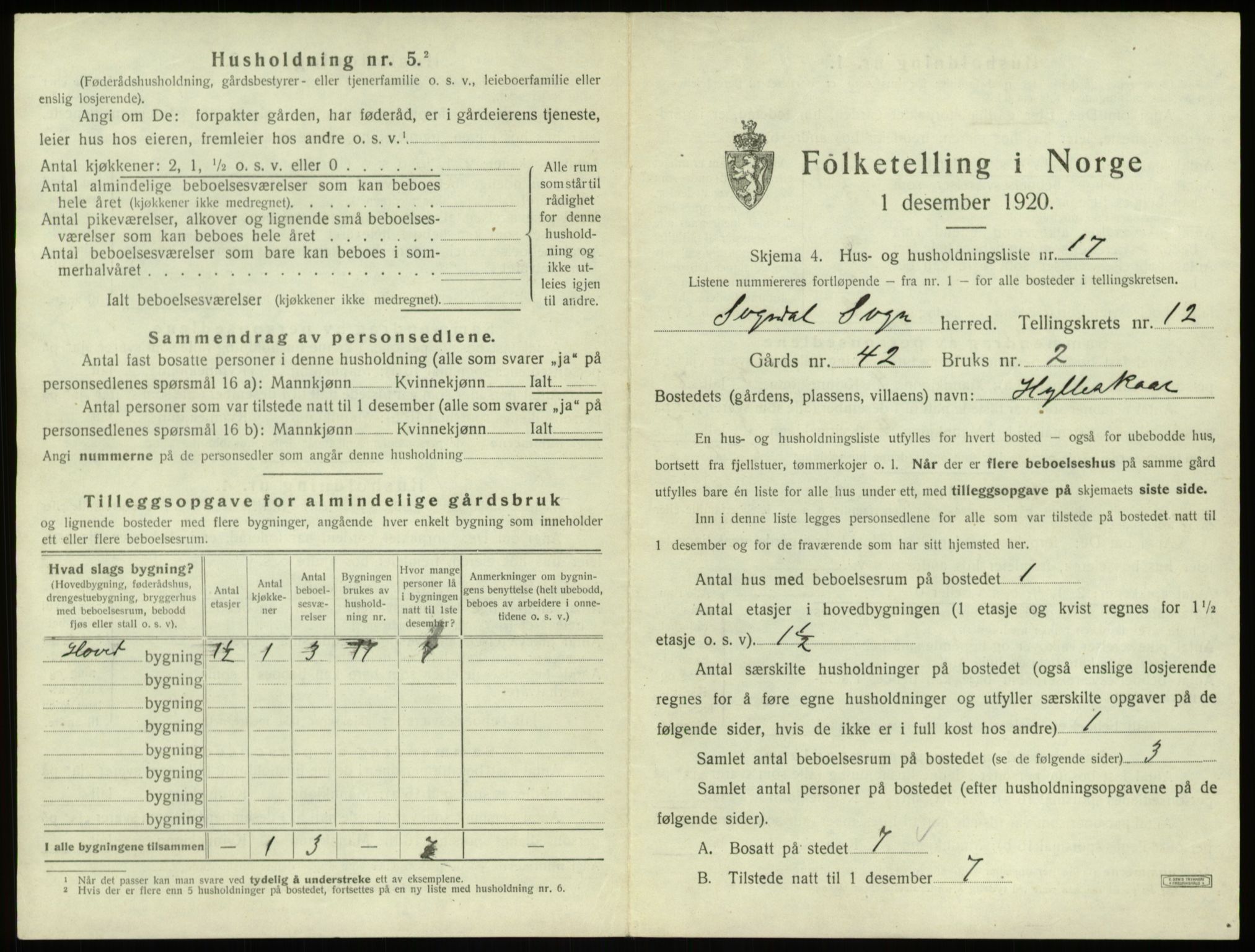 SAB, 1920 census for Sogndal, 1920, p. 750