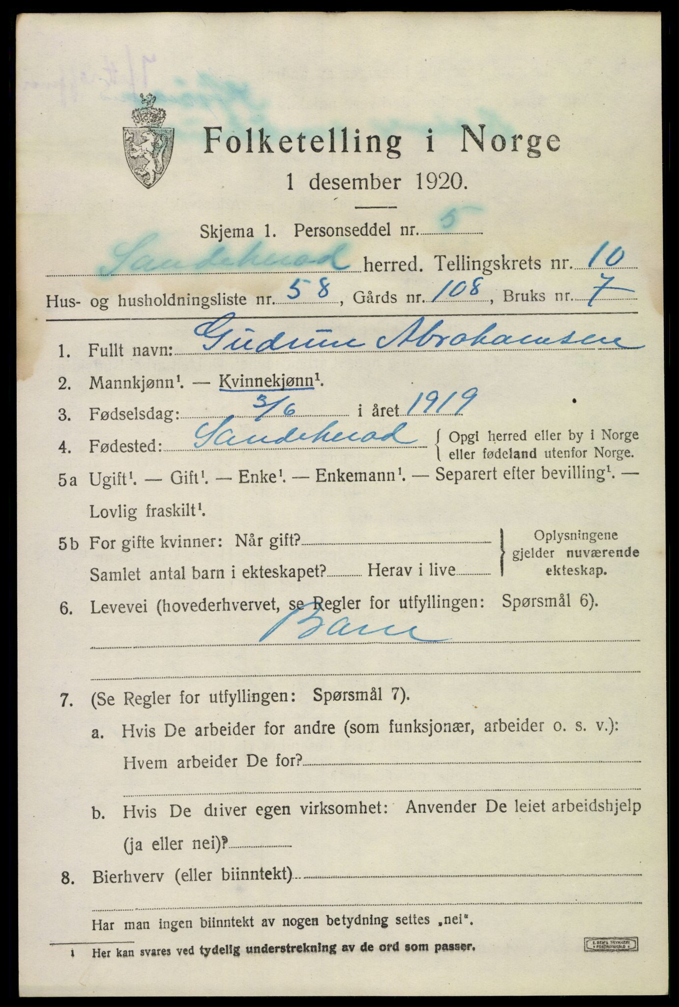 SAKO, 1920 census for Sandeherred, 1920, p. 15264