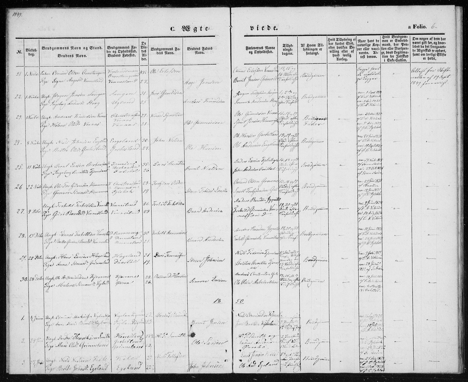 Vennesla sokneprestkontor, AV/SAK-1111-0045/Fa/Fac/L0006: Parish register (official) no. A 6, 1846-1855, p. 6