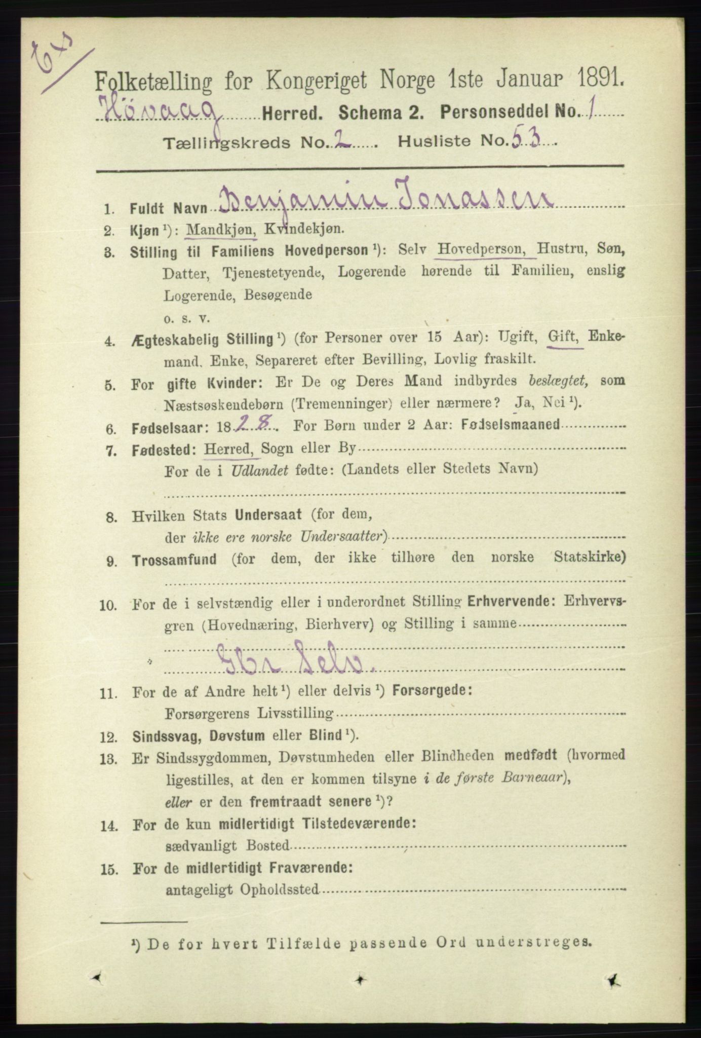 RA, Census 1891 for Nedenes amt: Gjenparter av personsedler for beslektede ektefeller, menn, 1891, p. 834