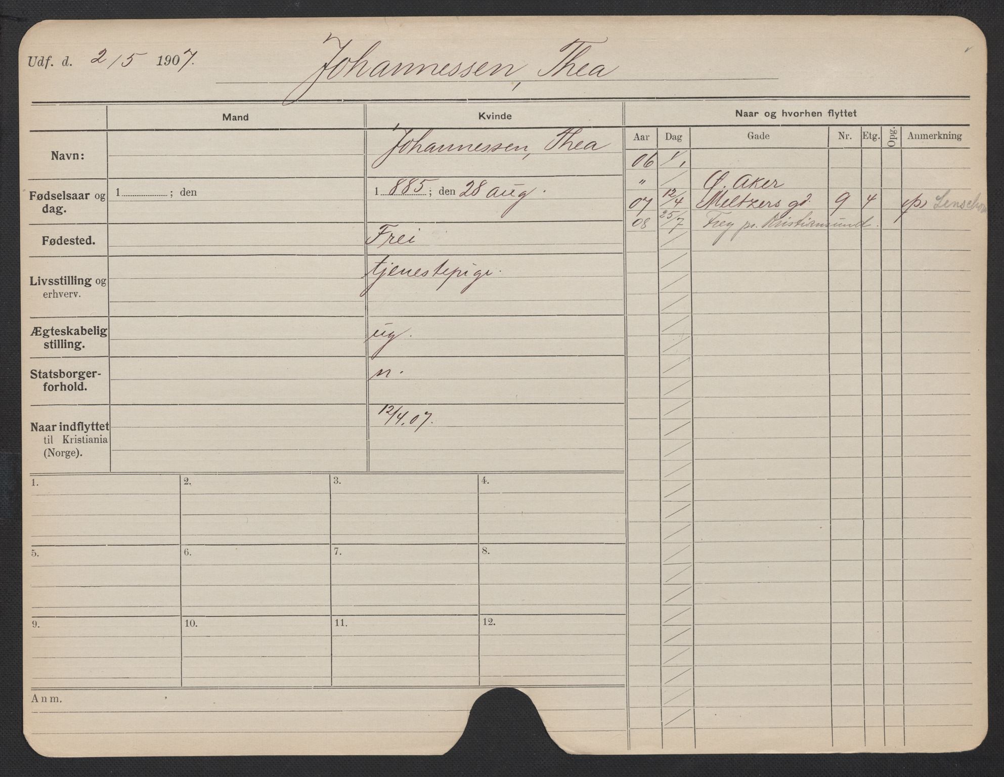 Oslo folkeregister, Registerkort, AV/SAO-A-11715/F/Fa/Fac/L0018: Kvinner, 1906-1914, p. 424a