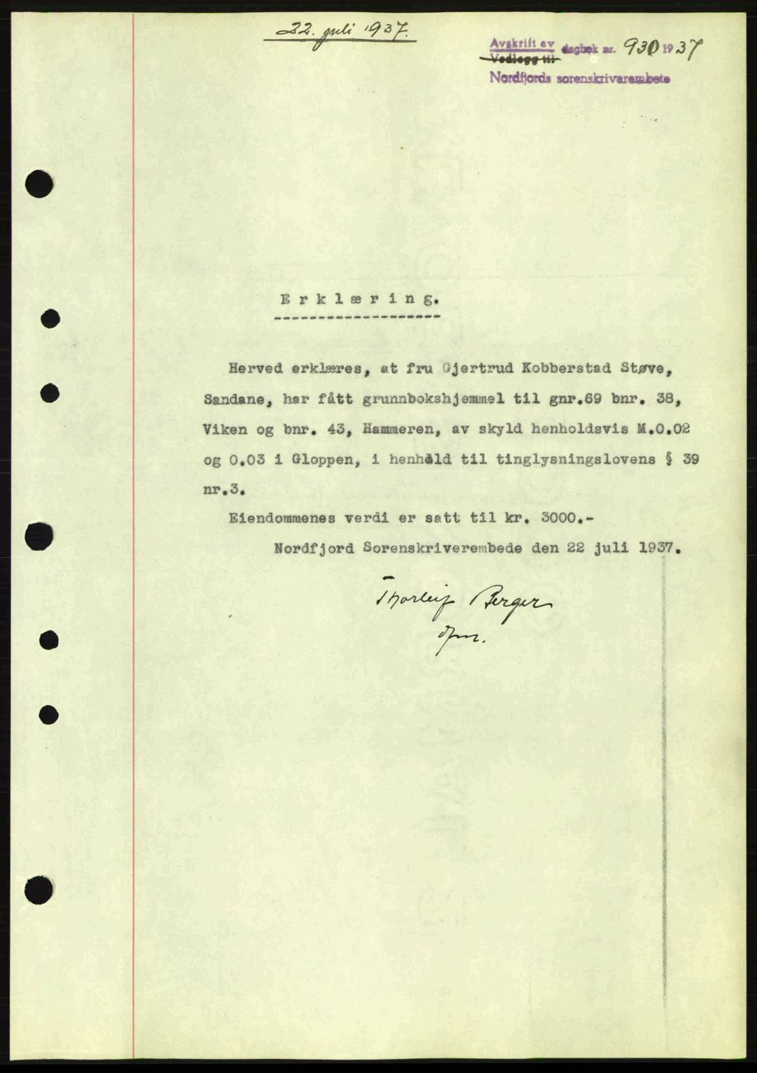 Nordfjord sorenskriveri, AV/SAB-A-2801/02/02b/02bj/L0002: Mortgage book no. A2, 1937-1938, Diary no: : 930/1937