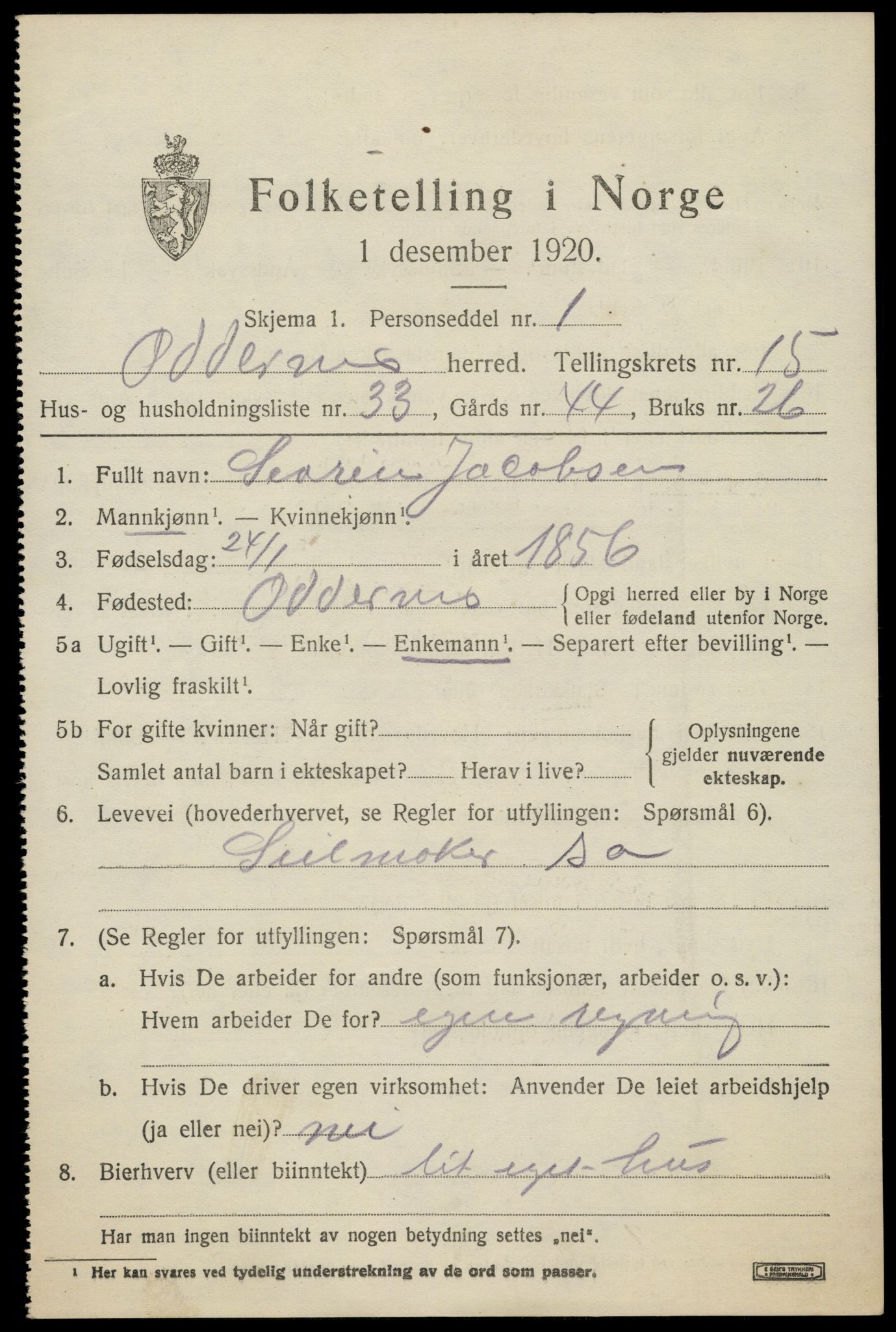 SAK, 1920 census for Oddernes, 1920, p. 10353