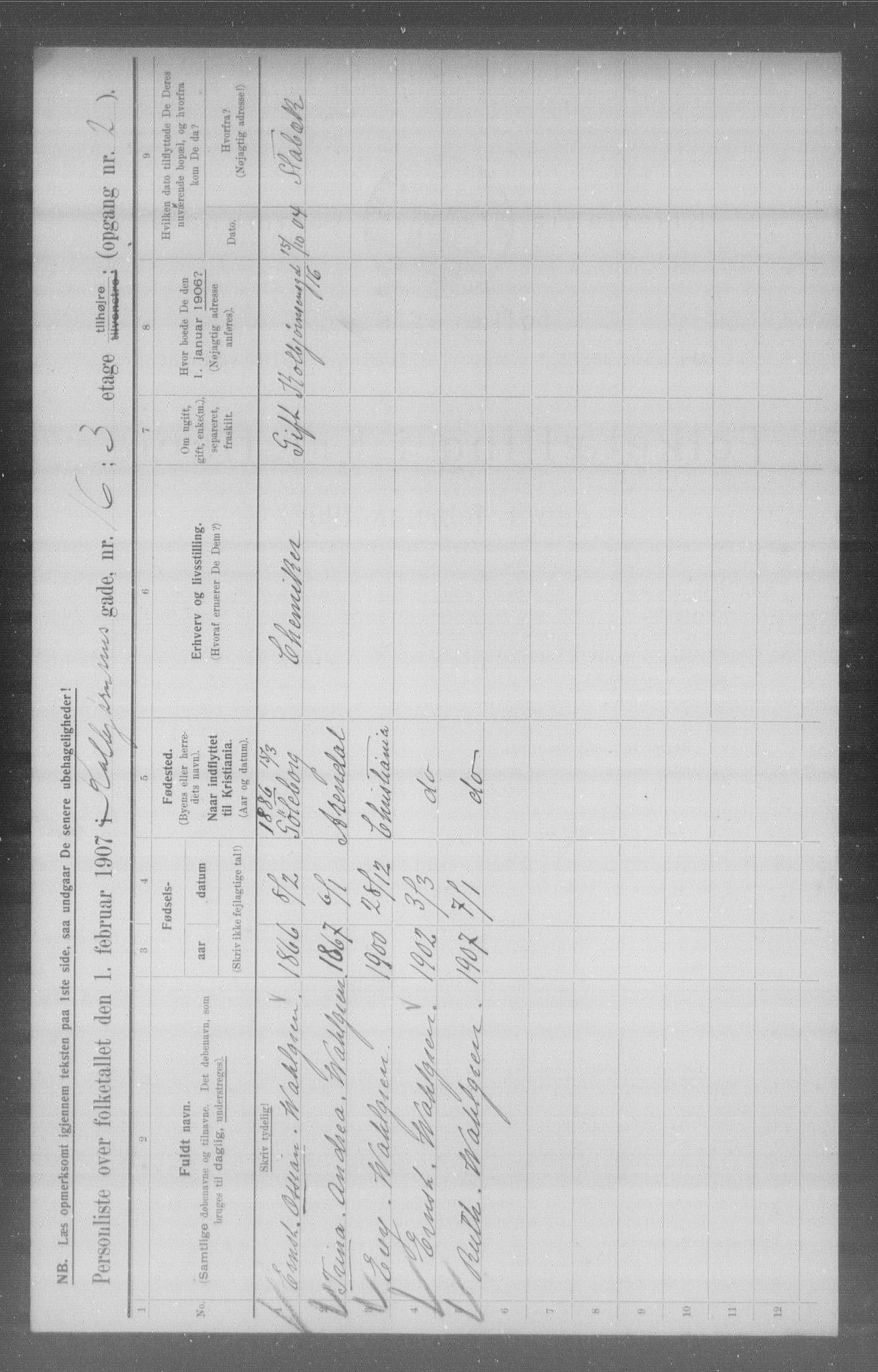 OBA, Municipal Census 1907 for Kristiania, 1907, p. 6614