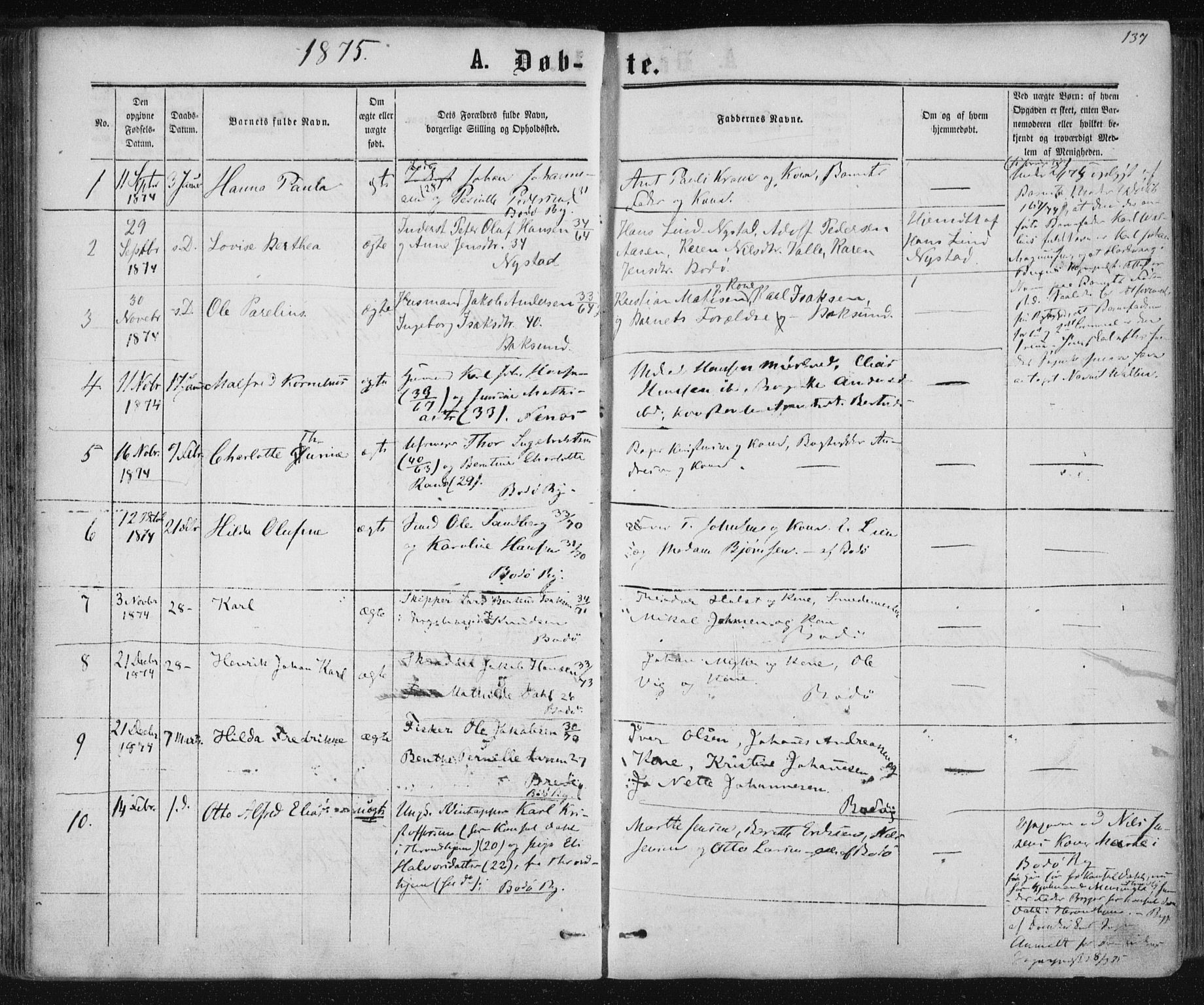 Ministerialprotokoller, klokkerbøker og fødselsregistre - Nordland, AV/SAT-A-1459/801/L0008: Parish register (official) no. 801A08, 1864-1875, p. 137