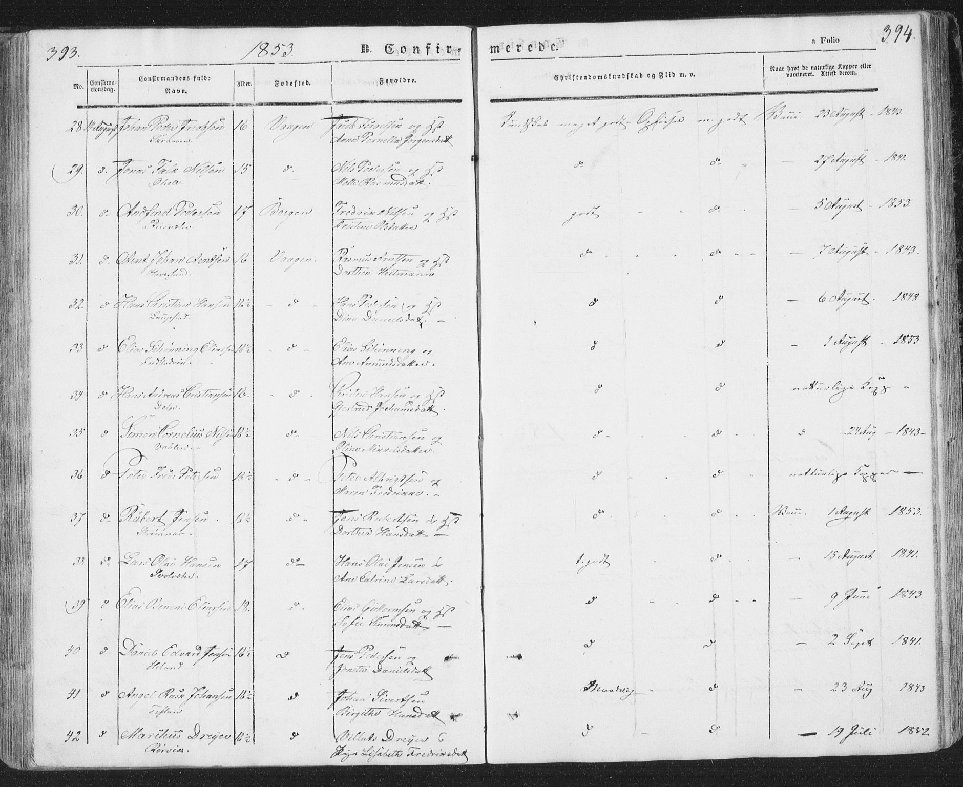 Ministerialprotokoller, klokkerbøker og fødselsregistre - Nordland, AV/SAT-A-1459/874/L1072: Parish register (copy) no. 874C01, 1843-1859, p. 393-394