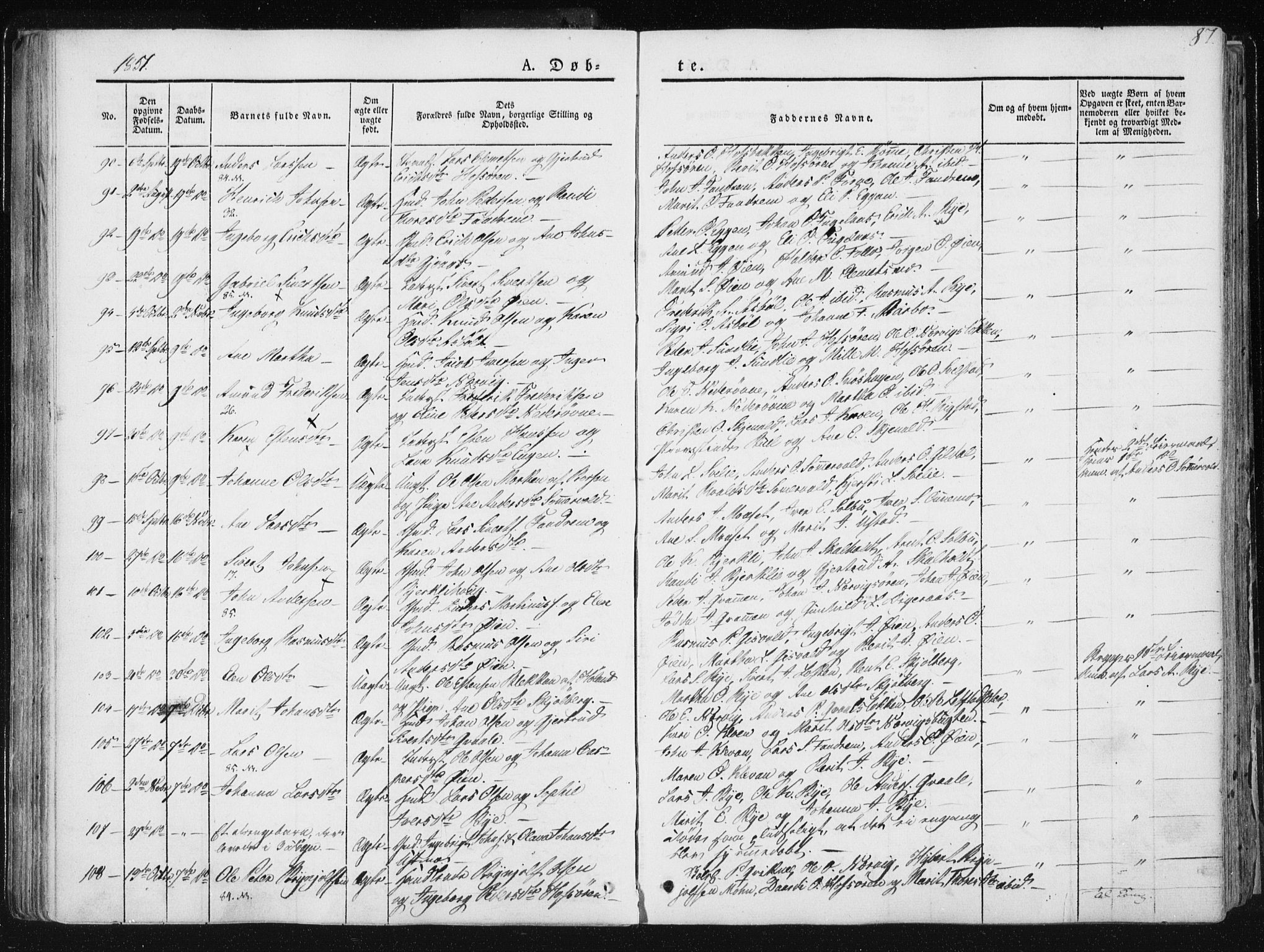 Ministerialprotokoller, klokkerbøker og fødselsregistre - Sør-Trøndelag, SAT/A-1456/668/L0805: Parish register (official) no. 668A05, 1840-1853, p. 87