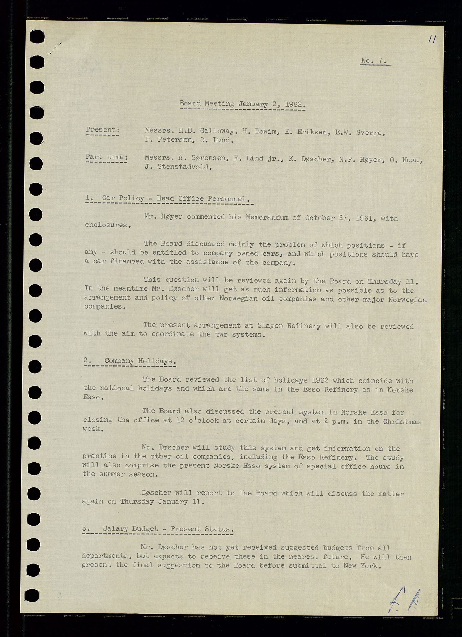 Pa 0982 - Esso Norge A/S, AV/SAST-A-100448/A/Aa/L0001/0003: Den administrerende direksjon Board minutes (styrereferater) / Den administrerende direksjon Board minutes (styrereferater), 1962, p. 11