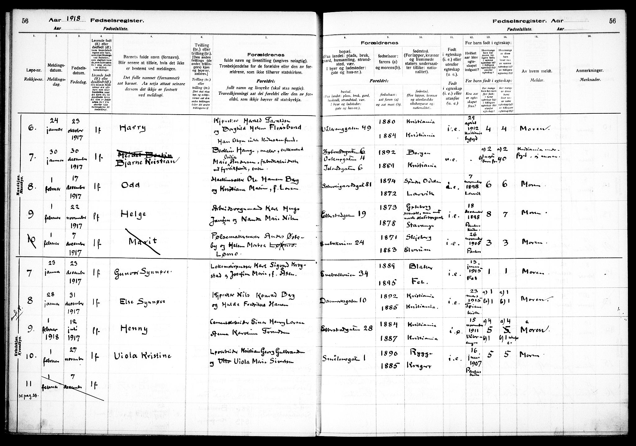 Vålerengen prestekontor Kirkebøker, SAO/A-10878/J/Ja/L0001: Birth register no. 1, 1916-1924, p. 56