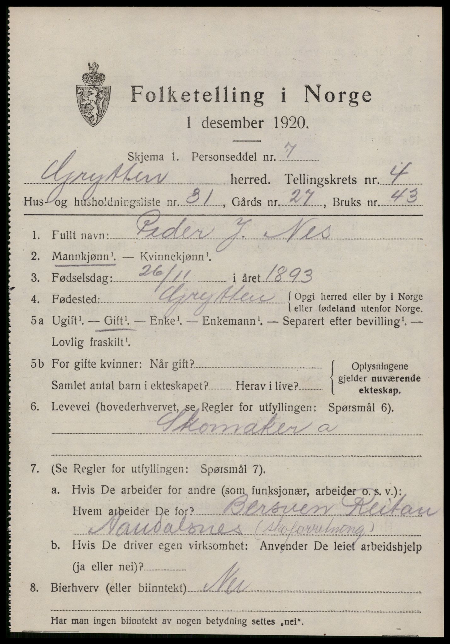 SAT, 1920 census for Grytten, 1920, p. 3160