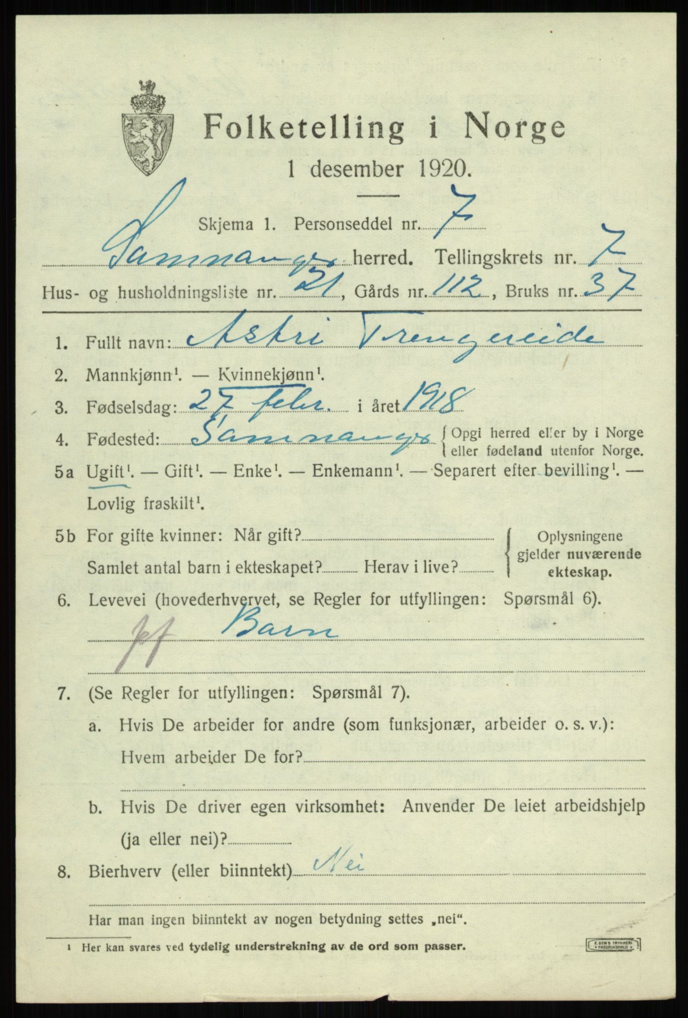 SAB, 1920 census for Samnanger, 1920, p. 3419