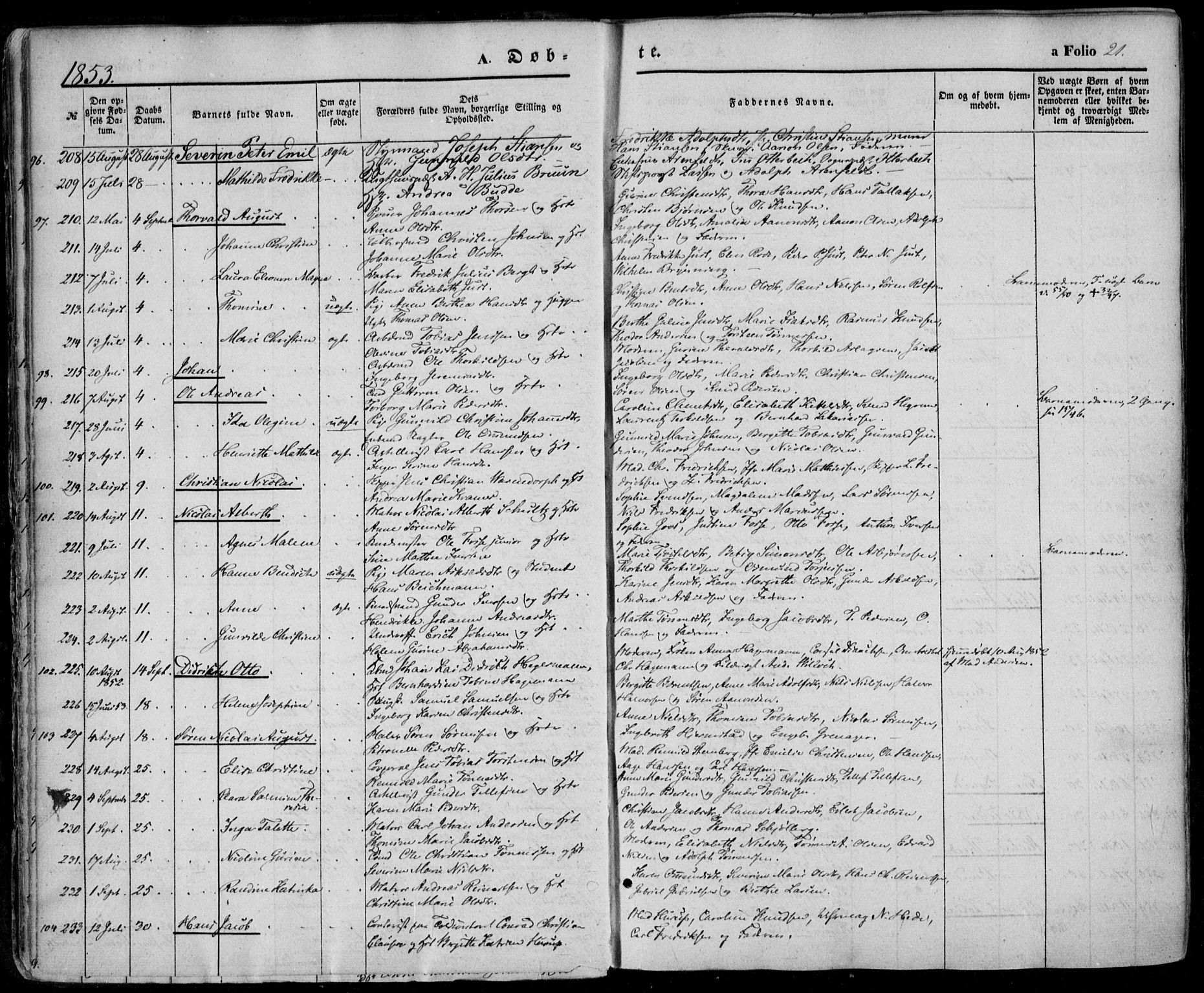 Kristiansand domprosti, AV/SAK-1112-0006/F/Fa/L0014: Parish register (official) no. A 14, 1852-1867, p. 21