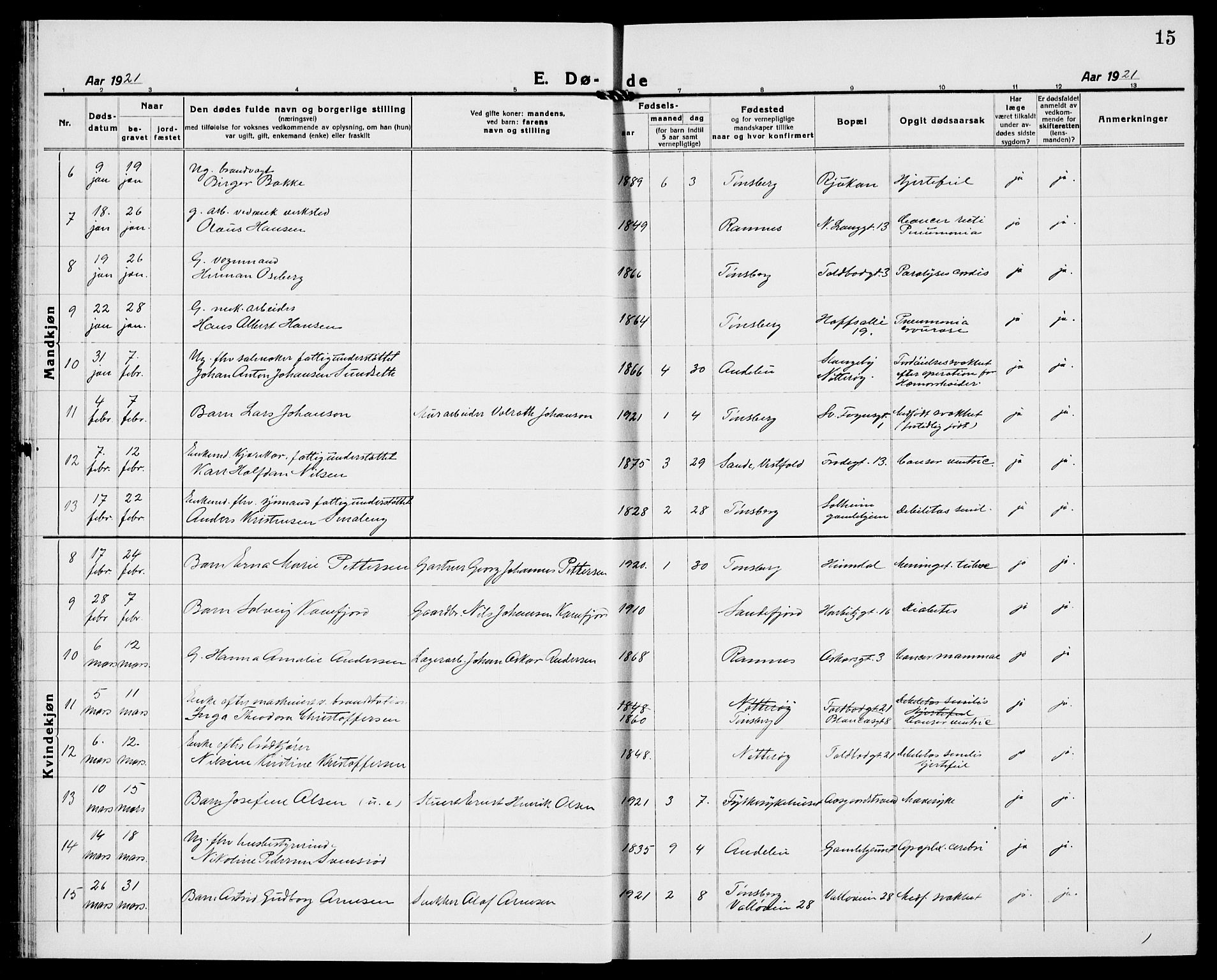 Tønsberg kirkebøker, SAKO/A-330/G/Ga/L0018: Parish register (copy) no. 18, 1920-1935, p. 15