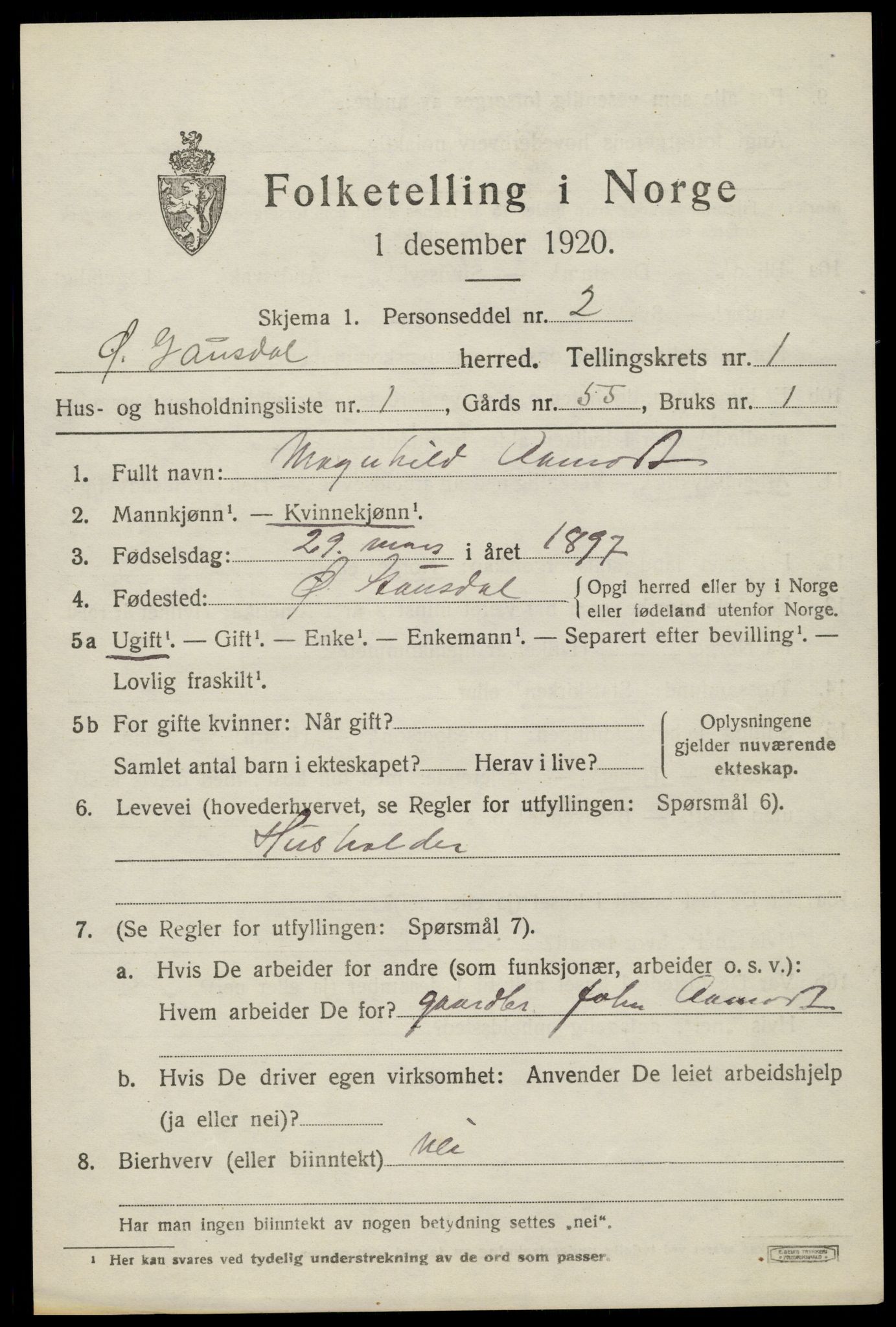 SAH, 1920 census for Østre Gausdal, 1920, p. 1008