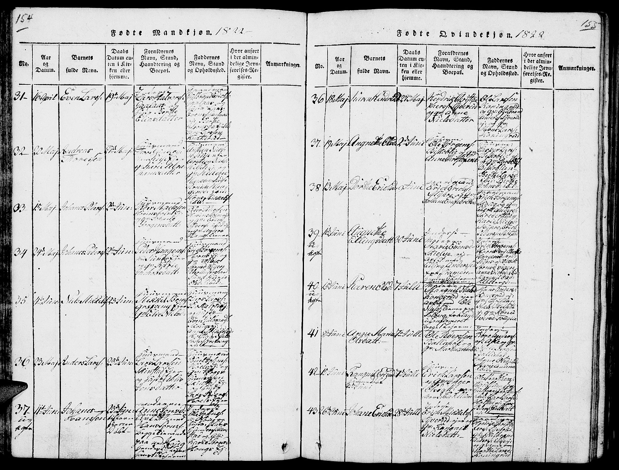 Nes prestekontor, Hedmark, AV/SAH-PREST-020/L/La/L0003: Parish register (copy) no. 3, 1814-1831, p. 154-155