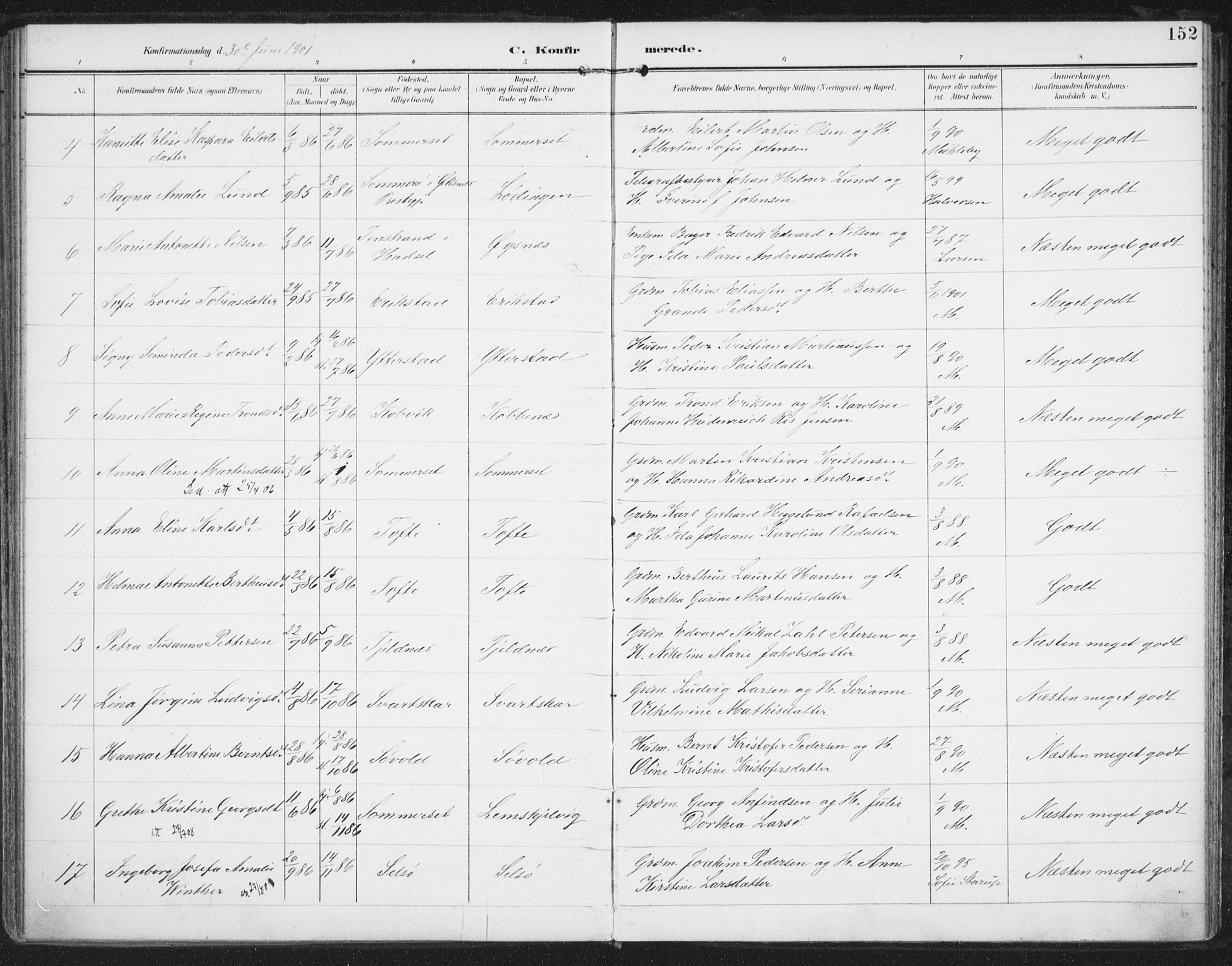 Ministerialprotokoller, klokkerbøker og fødselsregistre - Nordland, AV/SAT-A-1459/872/L1036: Parish register (official) no. 872A11, 1897-1913, p. 152