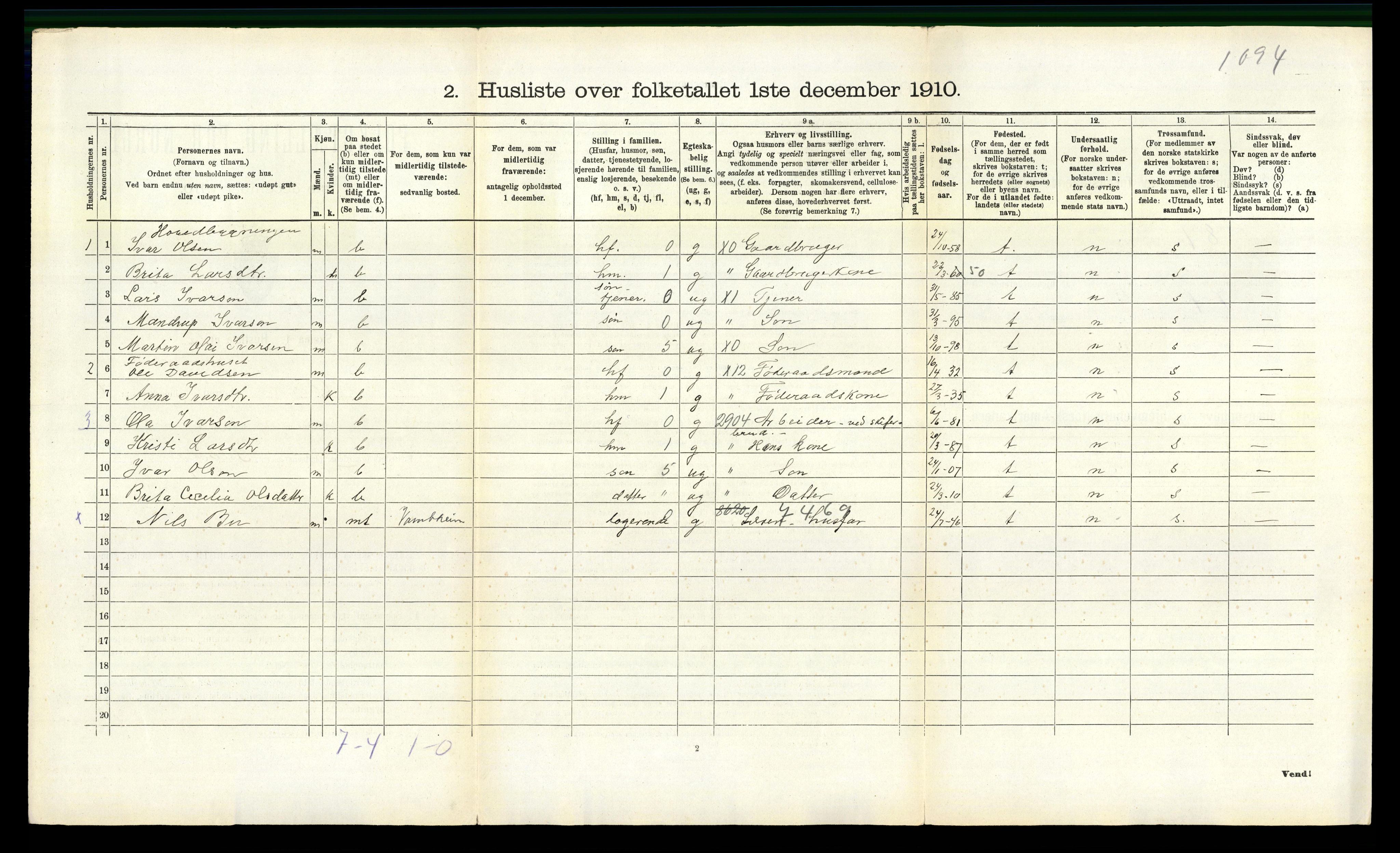 RA, 1910 census for Ulvik, 1910, p. 459