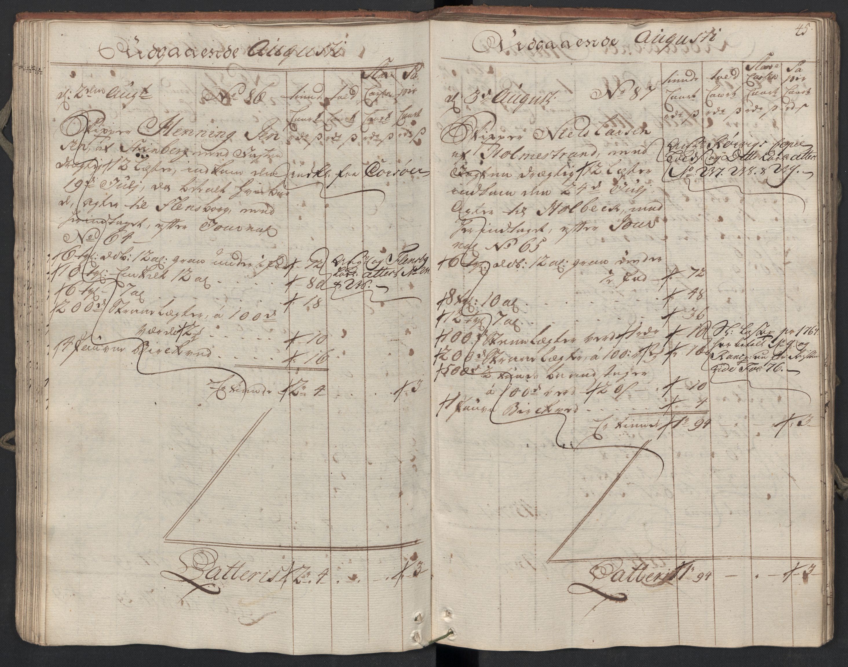 Generaltollkammeret, tollregnskaper, AV/RA-EA-5490/R09/L0038/0001: Tollregnskaper Holmestrand / Utgående hovedtollbok, 1764, p. 44b-45a