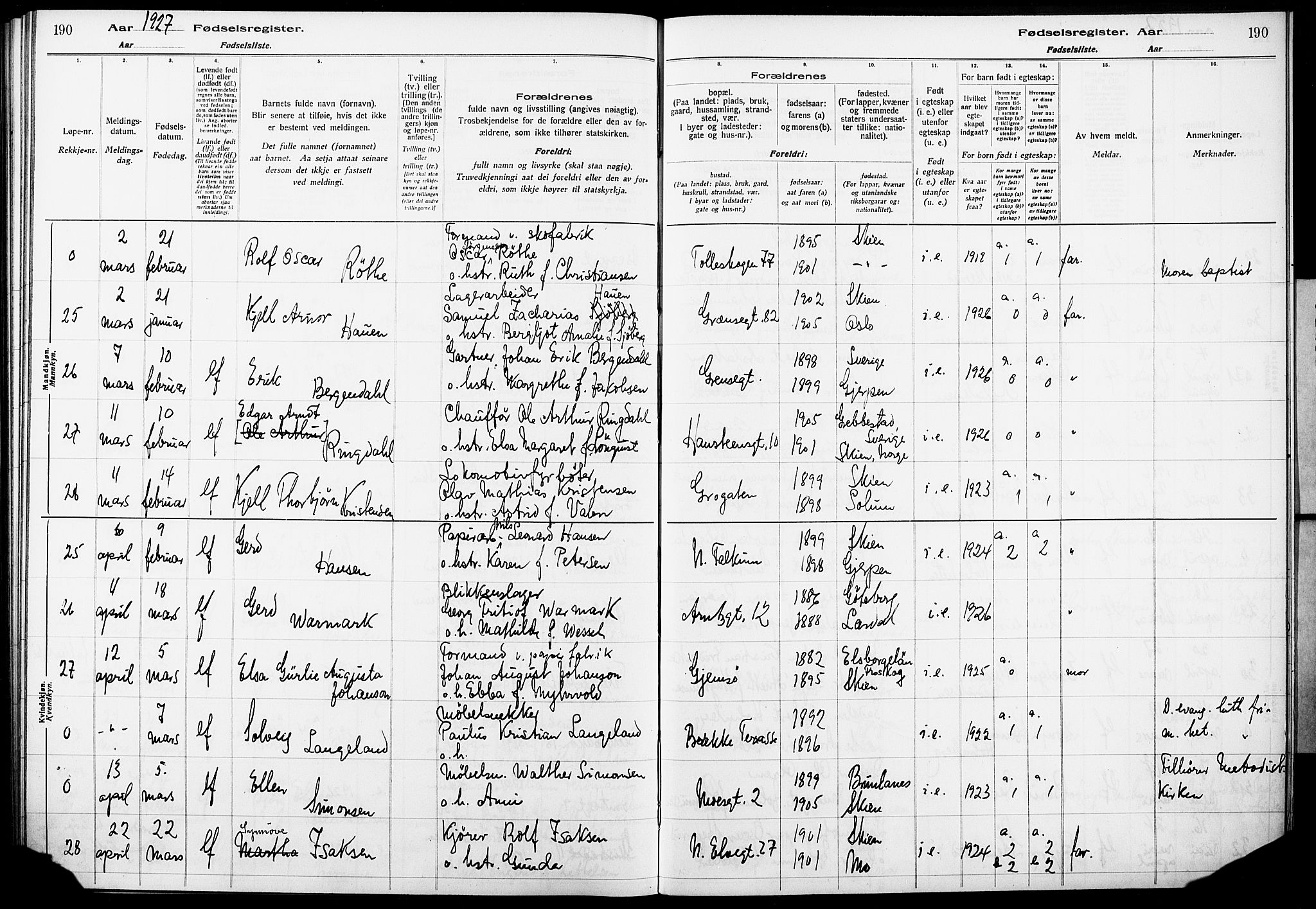 Skien kirkebøker, AV/SAKO-A-302/J/Ja/L0002: Birth register no. 2, 1921-1927, p. 190