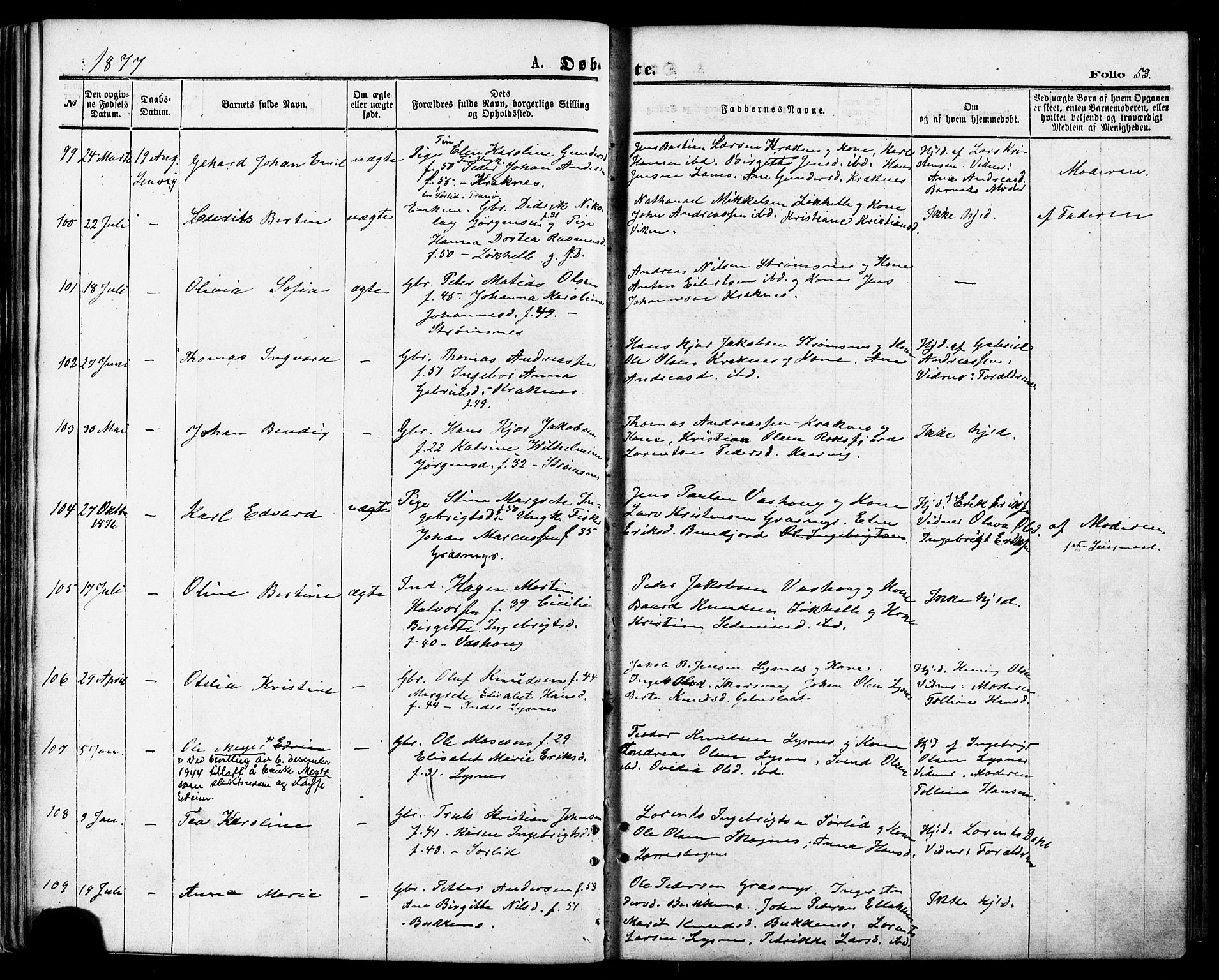 Lenvik sokneprestembete, AV/SATØ-S-1310/H/Ha/Haa/L0010kirke: Parish register (official) no. 10, 1873-1880, p. 53