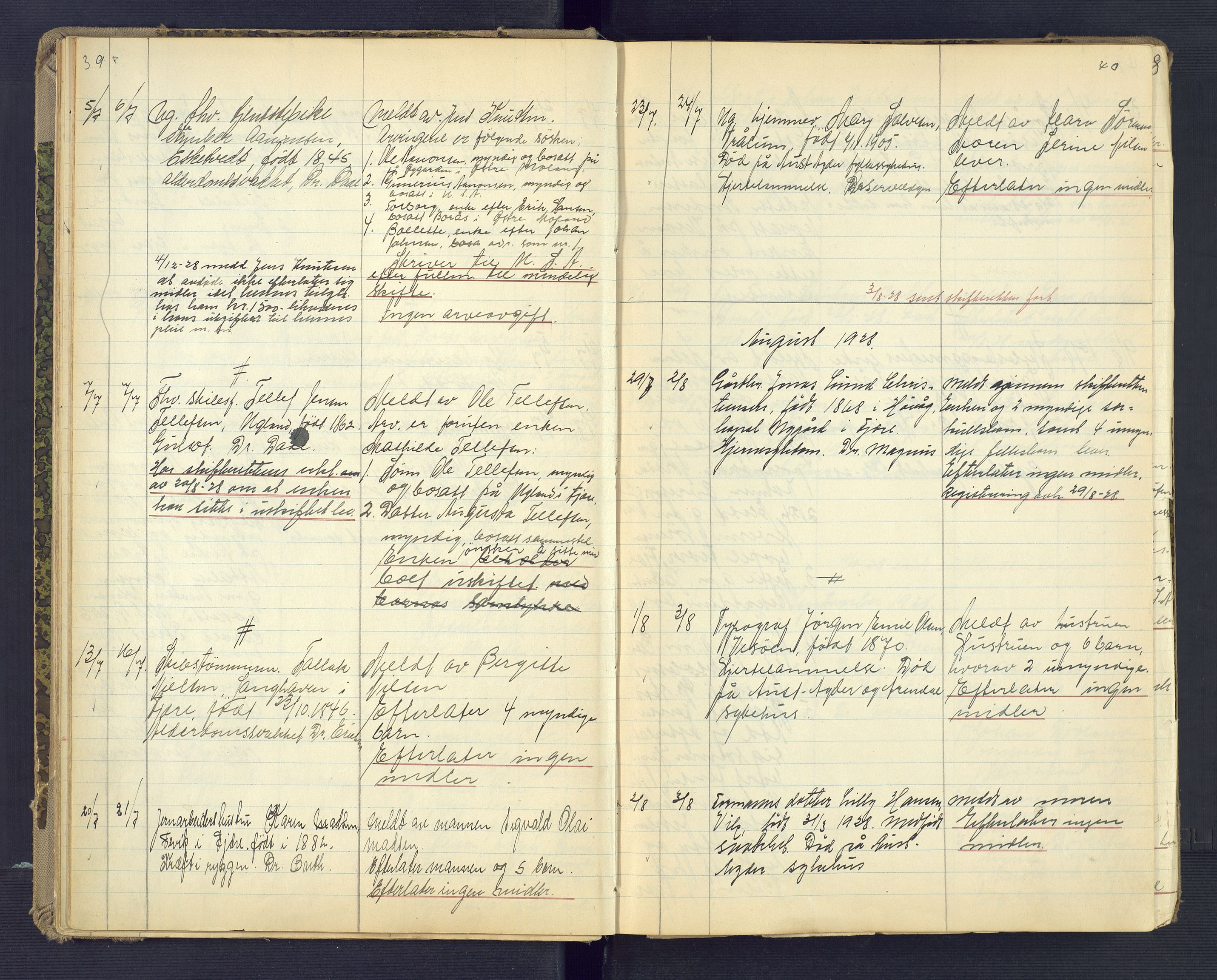 Landvik og Fjære lensmannskontor, AV/SAK-1241-0027/F/Fe/L0003: Anmeldte dødsfall nr 32, 1926-1935, p. 39-40