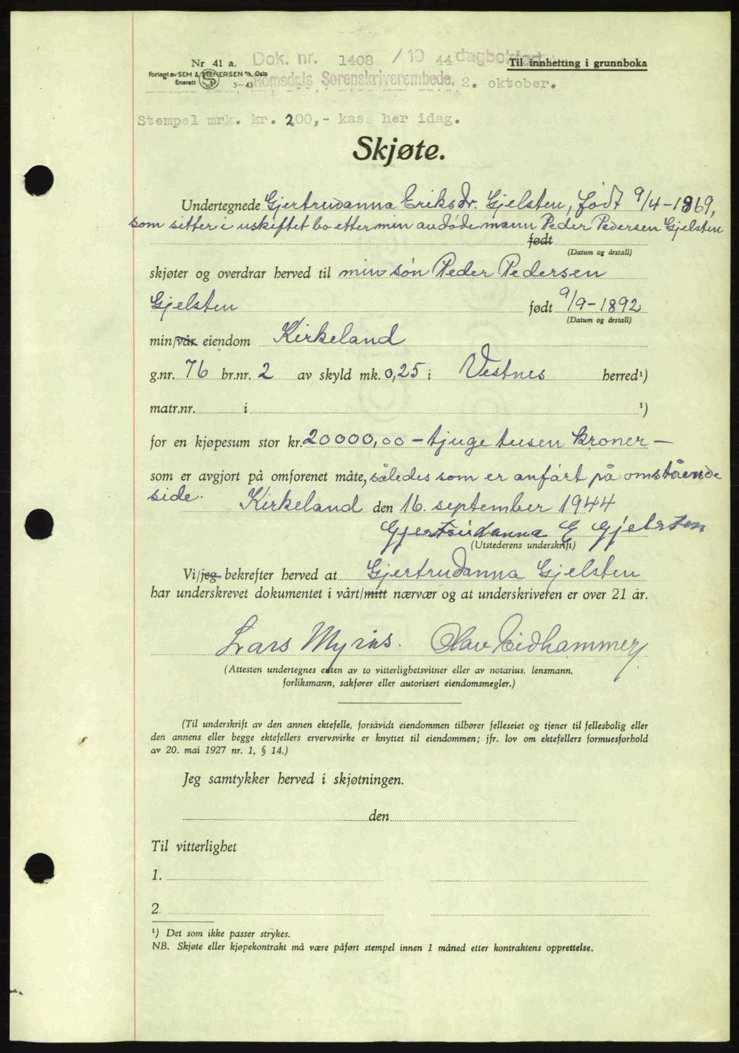 Romsdal sorenskriveri, AV/SAT-A-4149/1/2/2C: Mortgage book no. A16, 1944-1944, Diary no: : 1408/1944