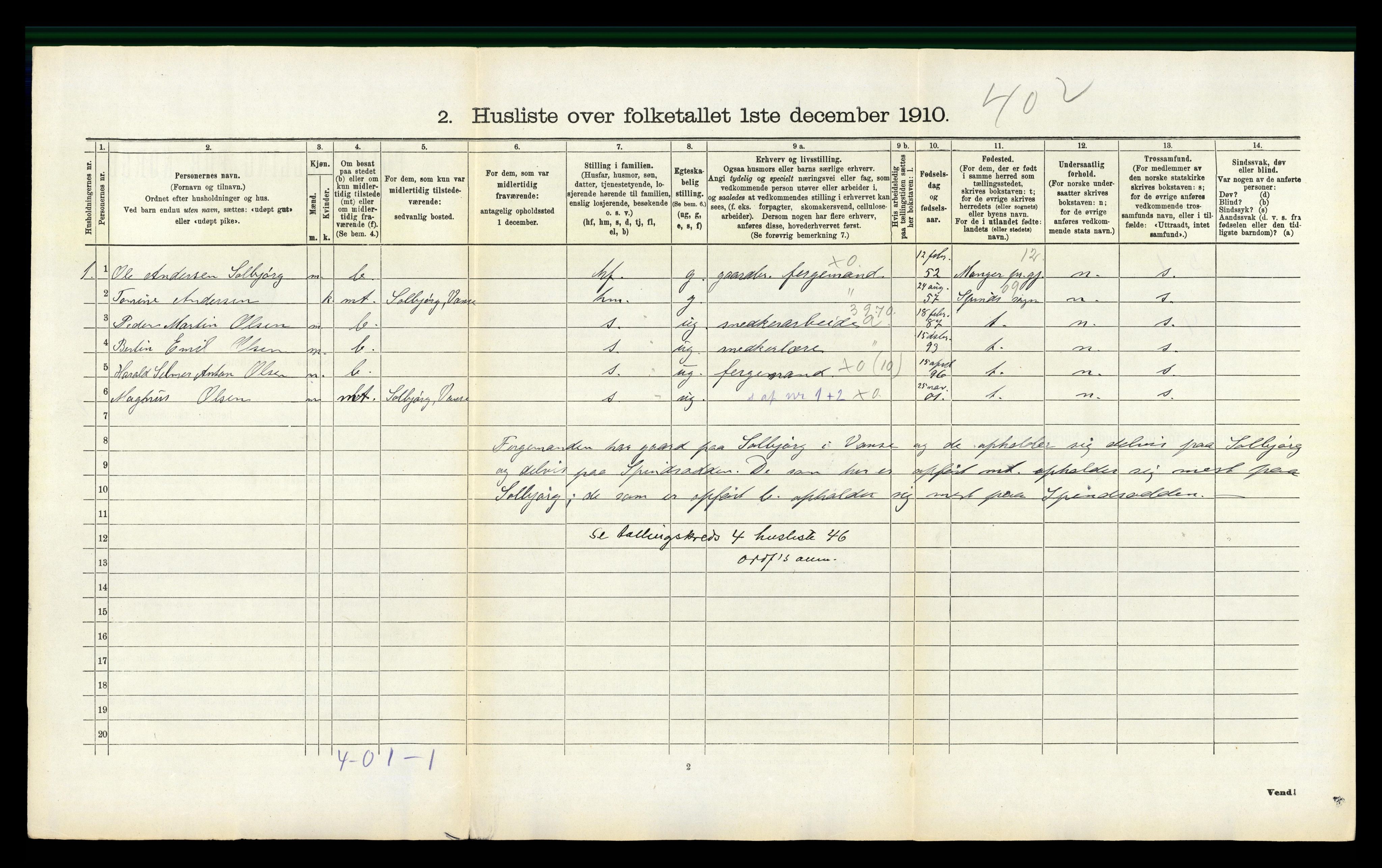 RA, 1910 census for Vanse, 1910, p. 284