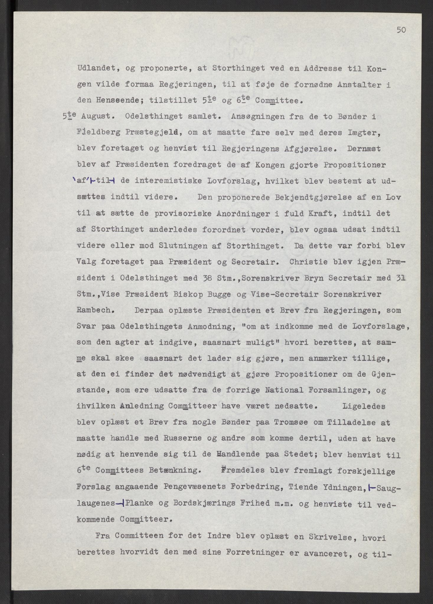 Manuskriptsamlingen, AV/RA-EA-3667/F/L0197: Wetlesen, Hans Jørgen (stortingsmann, ingeniørkaptein); Referat fra Stortinget 1815-1816, 1815-1816, p. 50